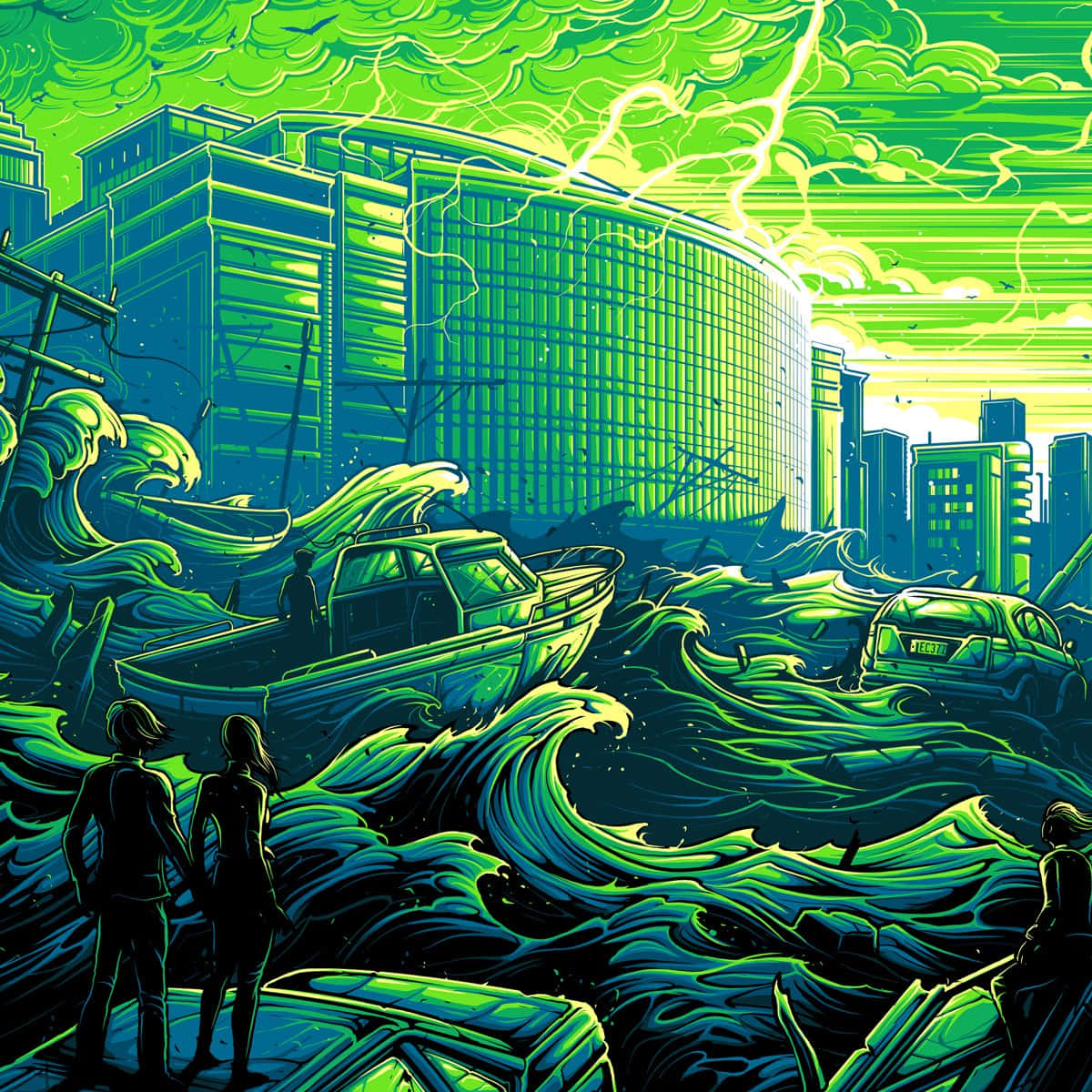 Cover Art 桌布 壁紙 — 剪影人物站在被淹沒的汽車上，霓虹綠色的波浪在閃電的暴風雨天空下衝擊著被洪水淹沒的城市。