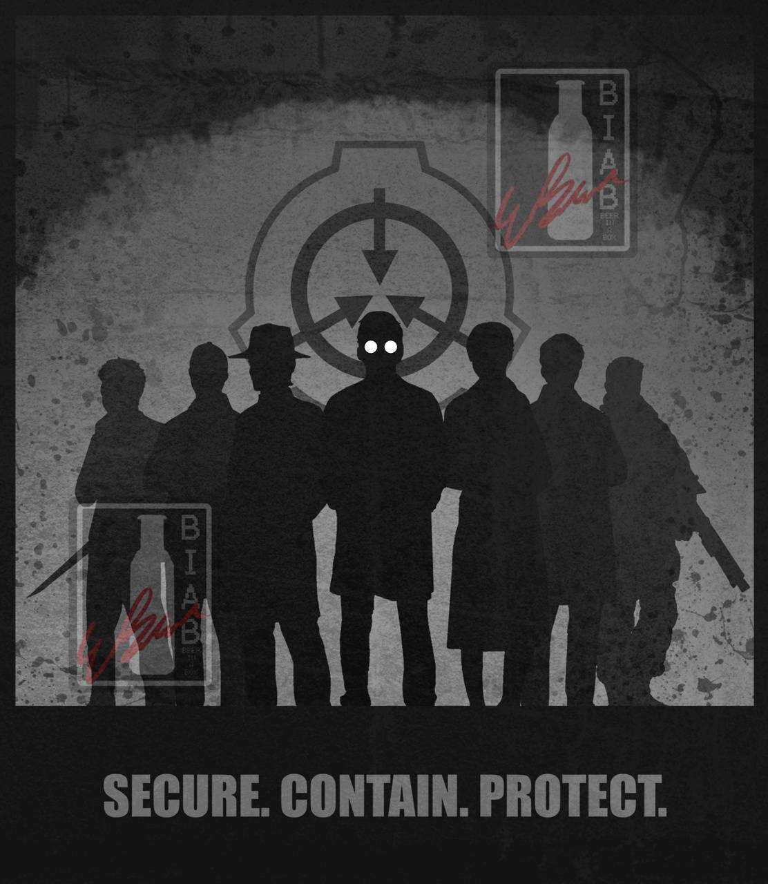 SCP 桌布 壁紙 — 剪影人物站在陰暗的牆前，牆上有一個發光的眼睛和「Secure Contain Protect」文字。