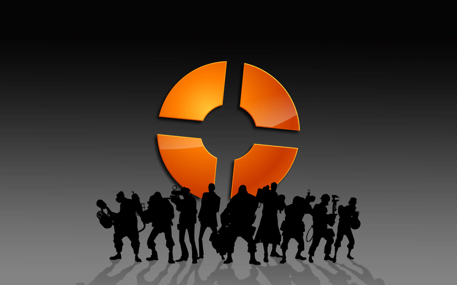 Tf2 桌布 壁紙 — 剪影人物站在黑暗漸變背景前發光的橙色圓形標誌前。
