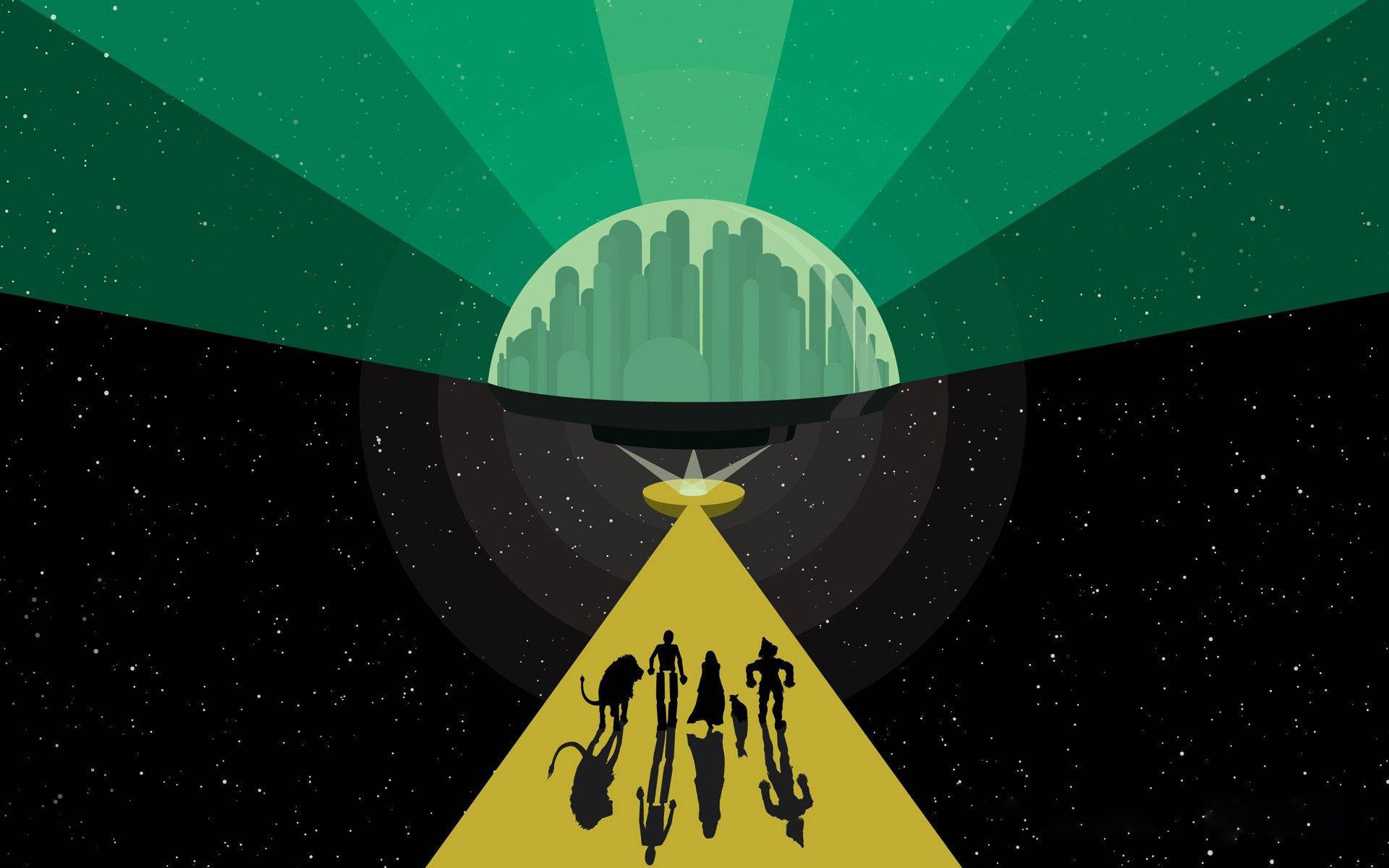 wizard 桌布 壁紙 — 剪影人物走向一道發光的黃色光束，通往一個漂浮在星空中的綠色外星城市。