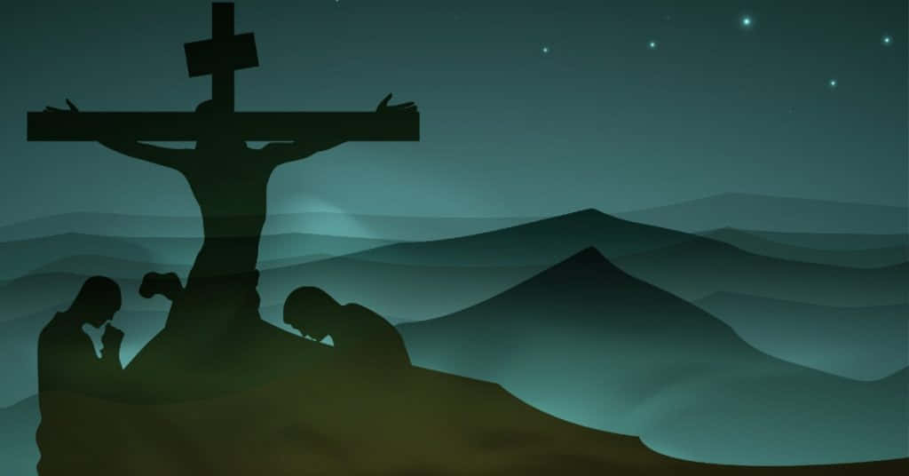 Lent 桌布 壁紙 — 剪影人物跪在十字架前，背景是星空下的山丘和層層疊疊的山脈。