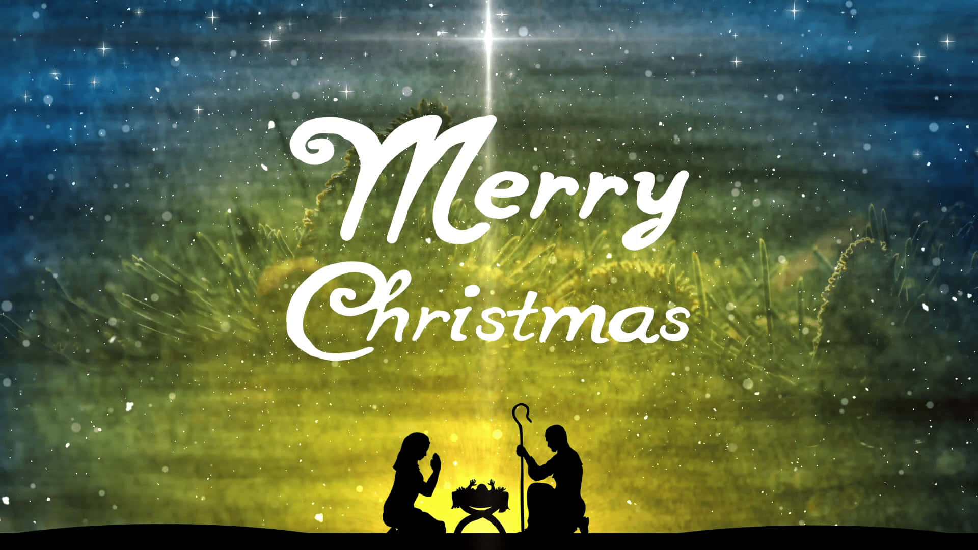Nativity Scene 桌布 壁紙 — 剪影人物跪在馬槽前，背景是繁星點點的夜空，有一顆明亮的星星和「聖誕快樂」字樣。