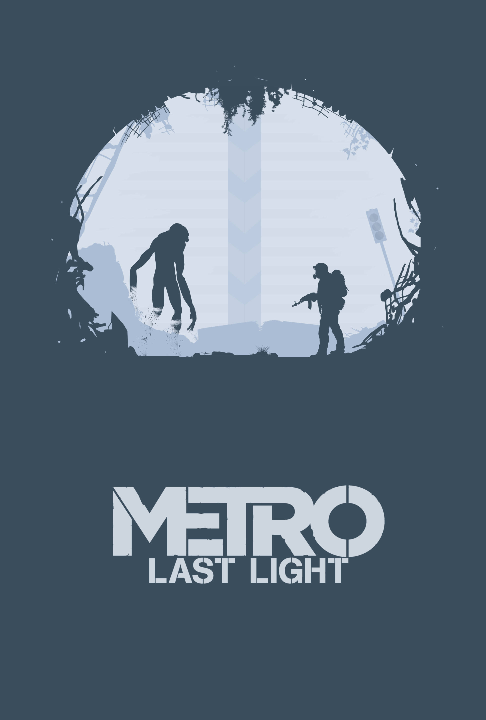 Metro Phone 桌布 壁紙 — 剪影人物透過破碎的圓形窗戶，在末日後的場景中面對一個怪物。