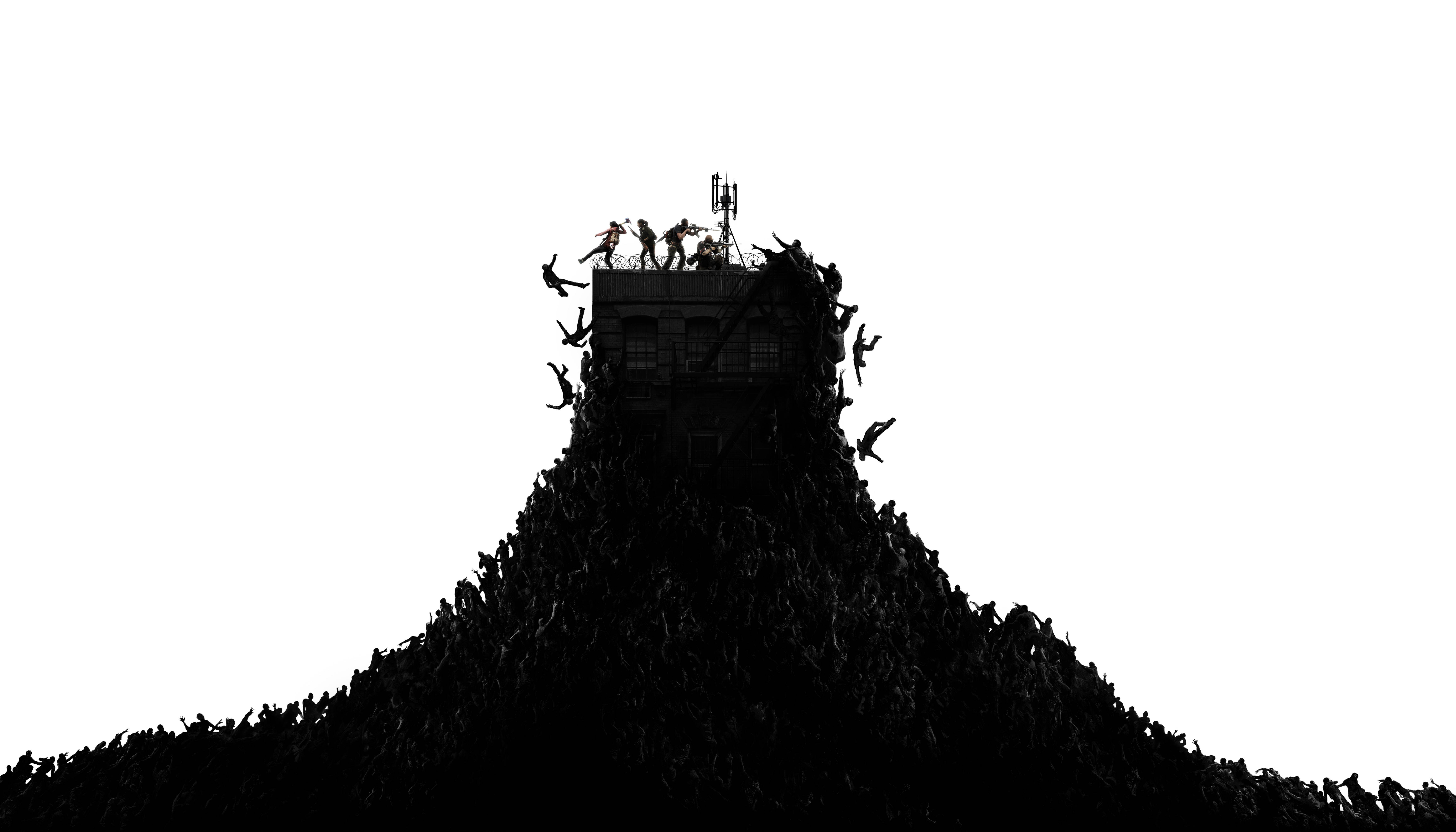 world war z 4K 桌布 壁紙 — 剪影人群從塔的底部湧向屋頂，背景為純白色。