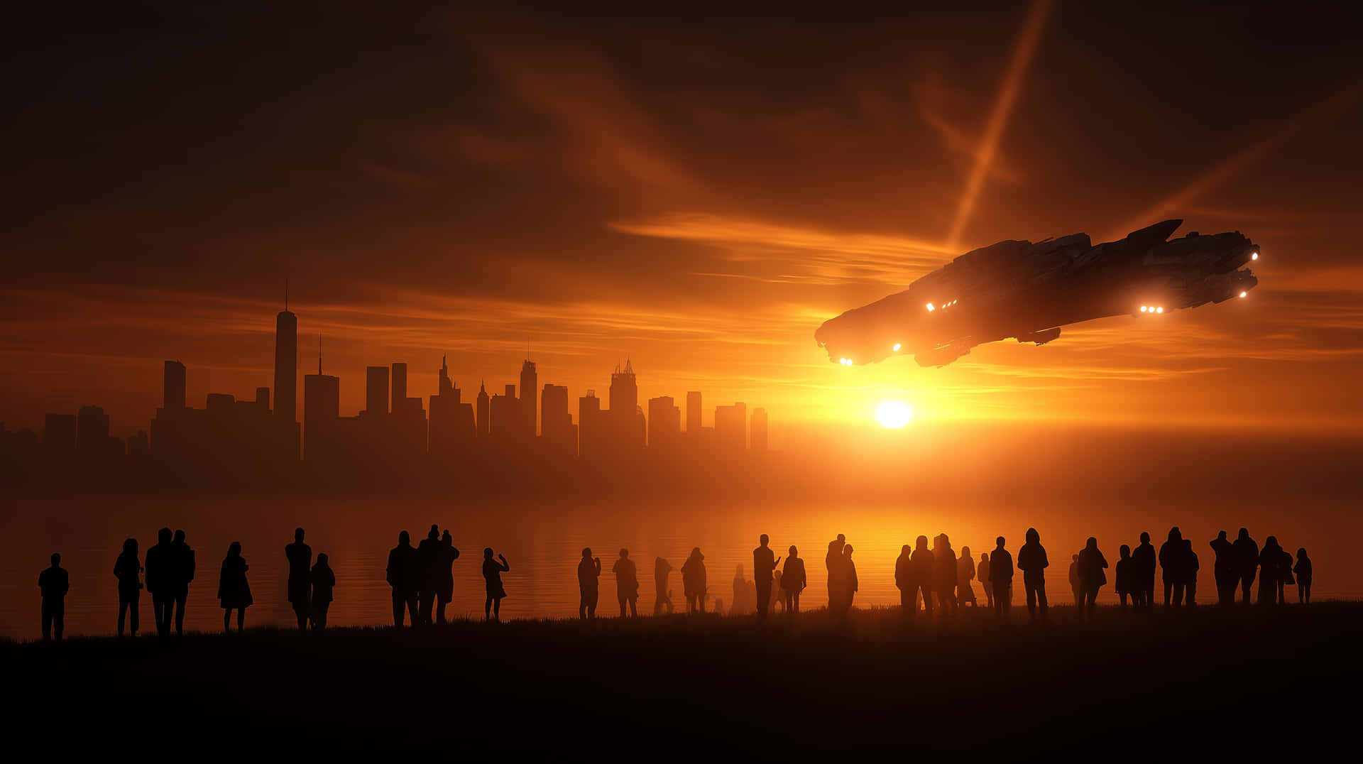 人群觀看太空船在日落時飛越城市 — 科幻 壁紙