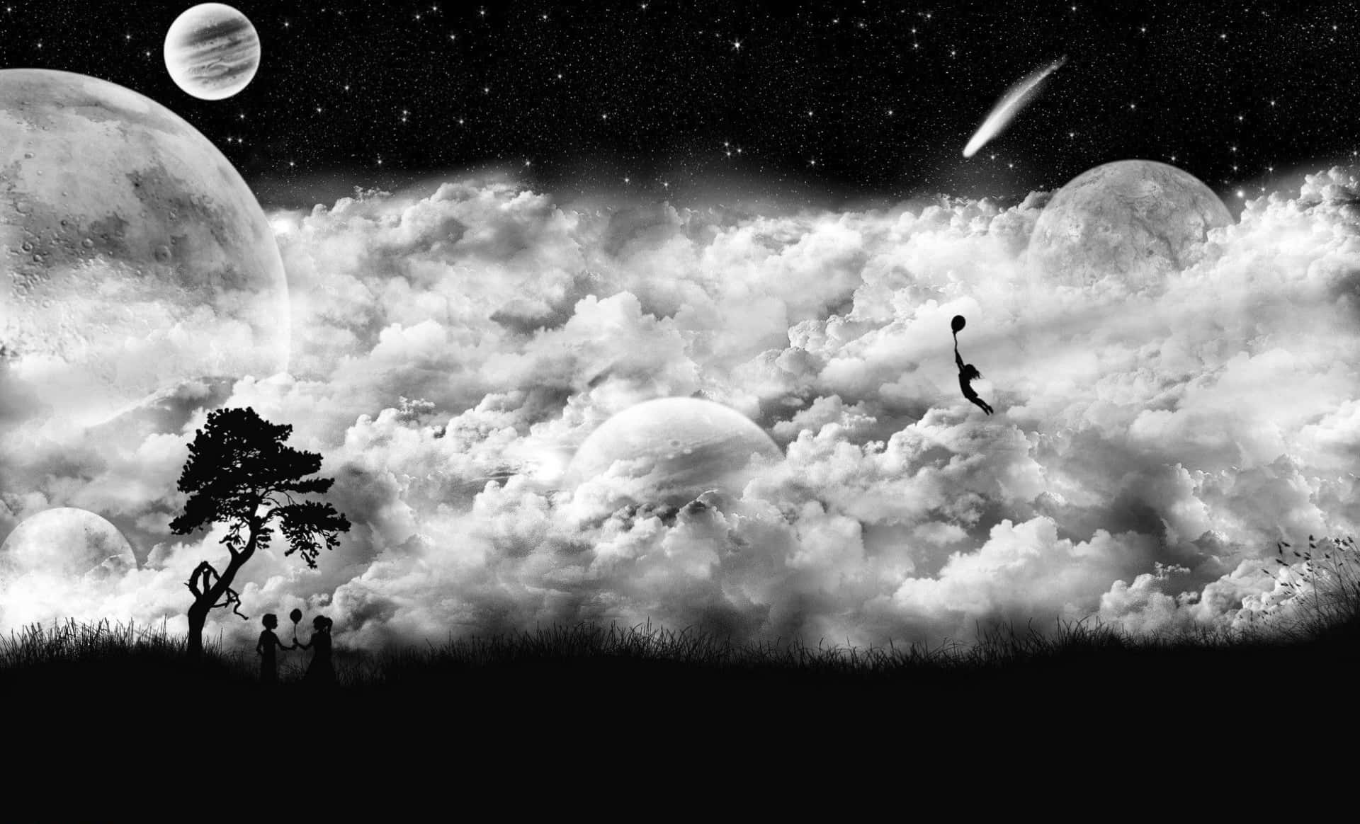 Cool Black And White 桌布 壁紙 — 剪影兒童凝視著充滿行星、彗星和雲層的宇宙天空，其中一個孩子在星空中漂浮。