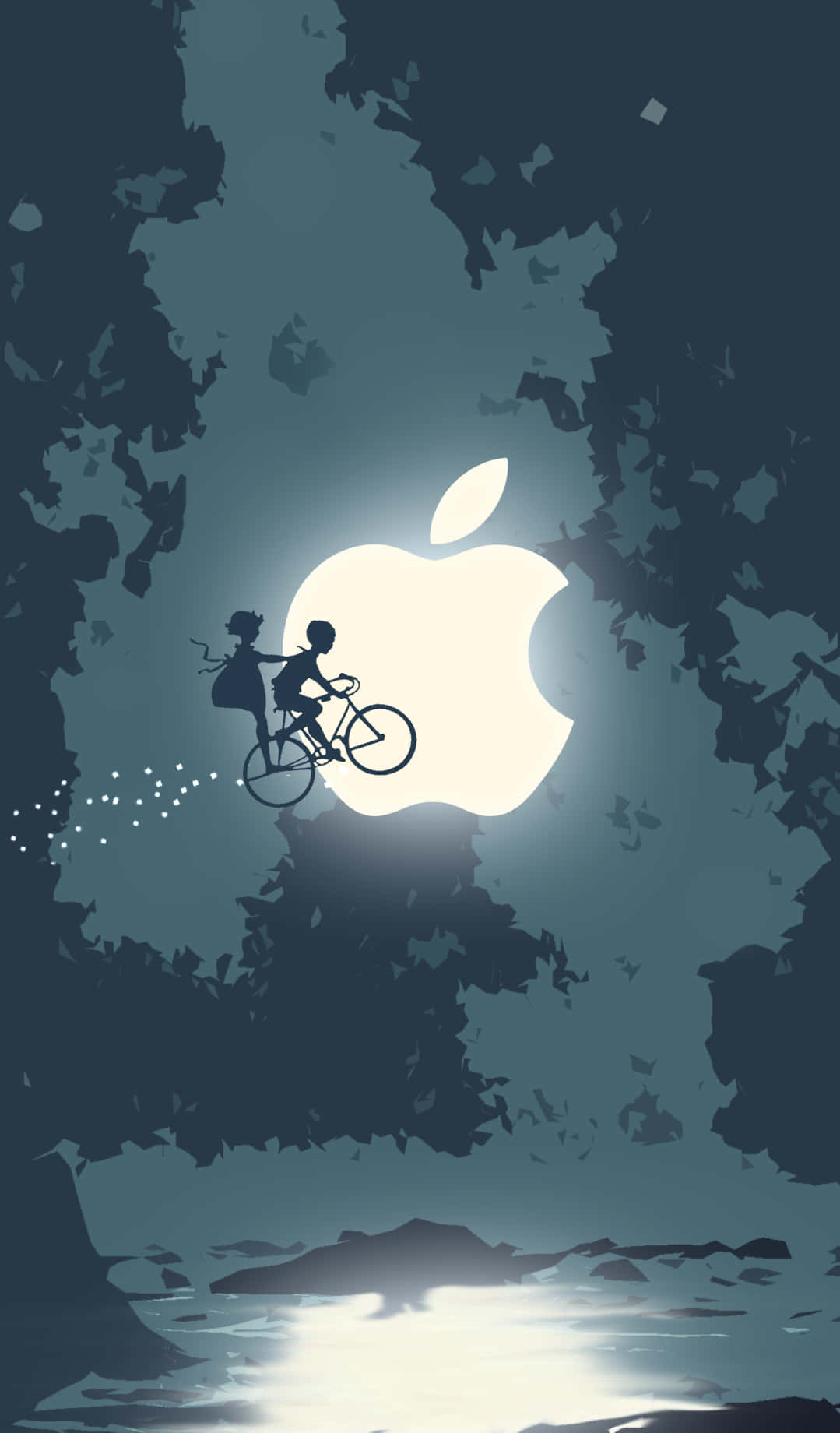 iPhone 桌布 壁紙 — 剪影兒童騎自行車穿過黑暗森林，發光的Apple標誌作為月亮。