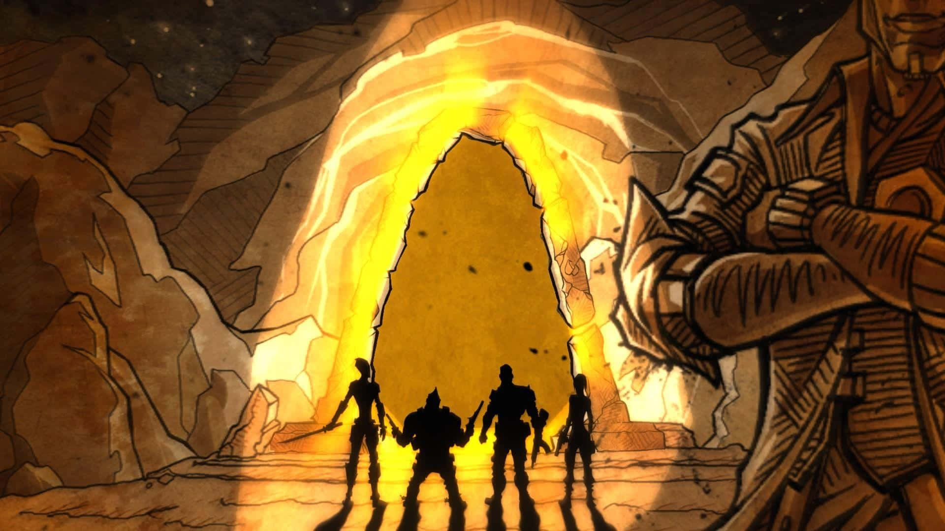 Borderlands 桌布 壁紙 — 剪影冒險者站在崎嶇峽谷中，在繁星夜空下，面對著發光的金色拱門。