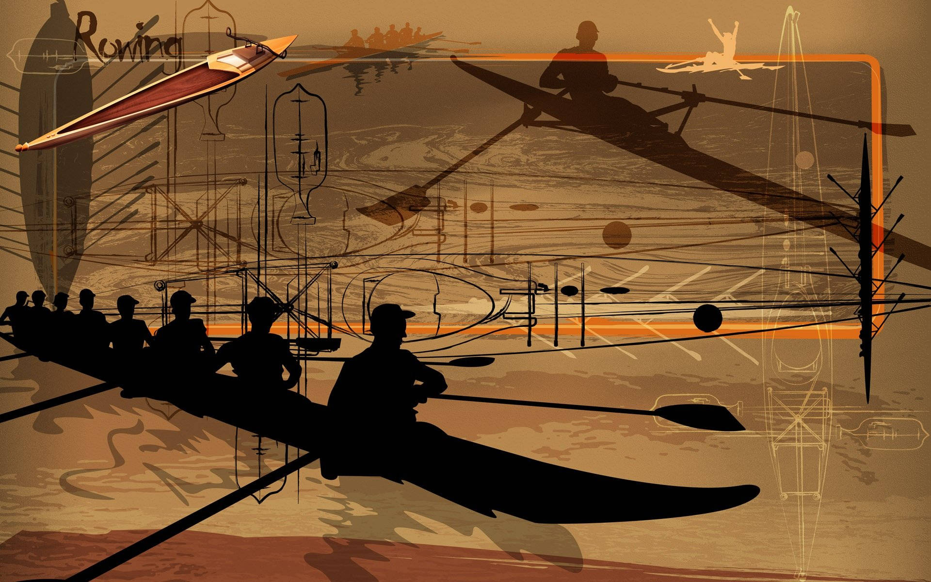 Rowing 桌布 壁紙 — 剪影划艇手在風格化的插圖中滑過水面，插圖疊加了復古船隻草圖和溫暖的懷舊色調。