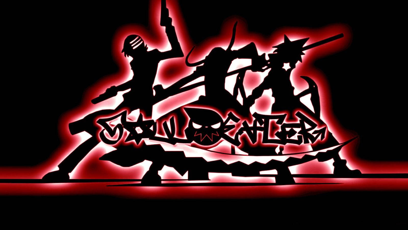 Soul Eater 桌布 壁紙 — 剪影動漫戰士帶有發光的紅色輪廓，在帶有風格化塗鴉文字的黑色背景上動態碰撞。