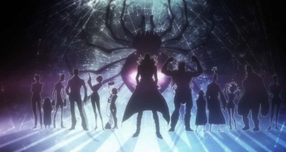 Shonen Anime 桌布 壁紙 — 剪影動漫英雄在沐浴在紫色和藍色光芒的宇宙競技場中，挑釁地站在一個巨大的蜘蛛狀怪物面前。