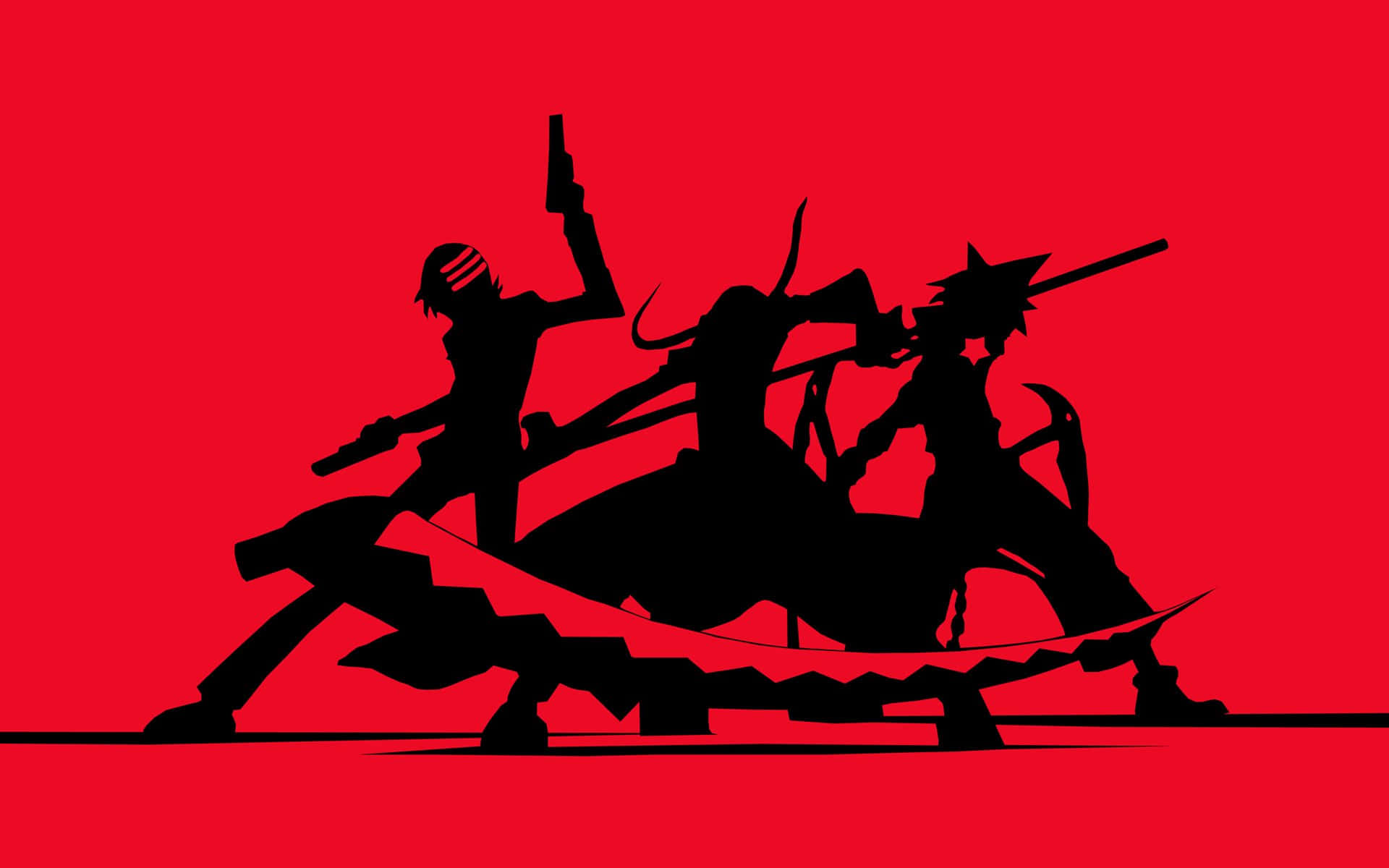 maka albarn 桌布 壁紙 — 剪影動漫角色在鮮紅色背景上擺出動態戰鬥姿勢。