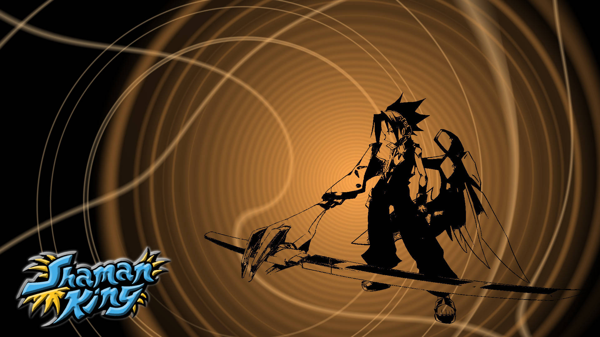 Shaman 桌布 壁紙 — 剪影動漫角色在黑暗背景下騎著衝浪板穿過旋轉的金色漩渦。
