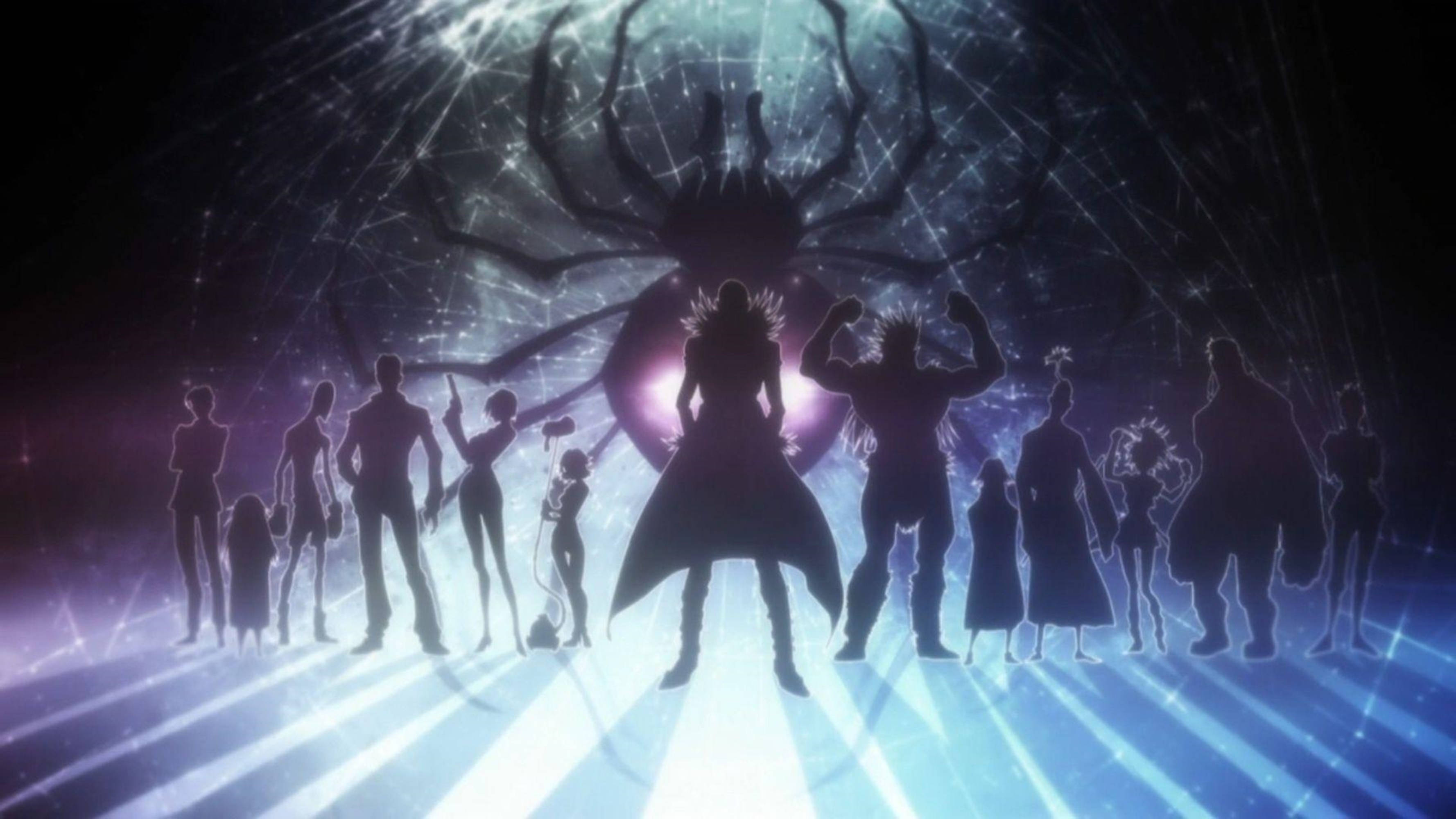 Hunter X Hunter 4K 桌布 壁紙 — 剪影動漫角色挑釁地站在宇宙星域中一隻巨大的發光蜘蛛面前。