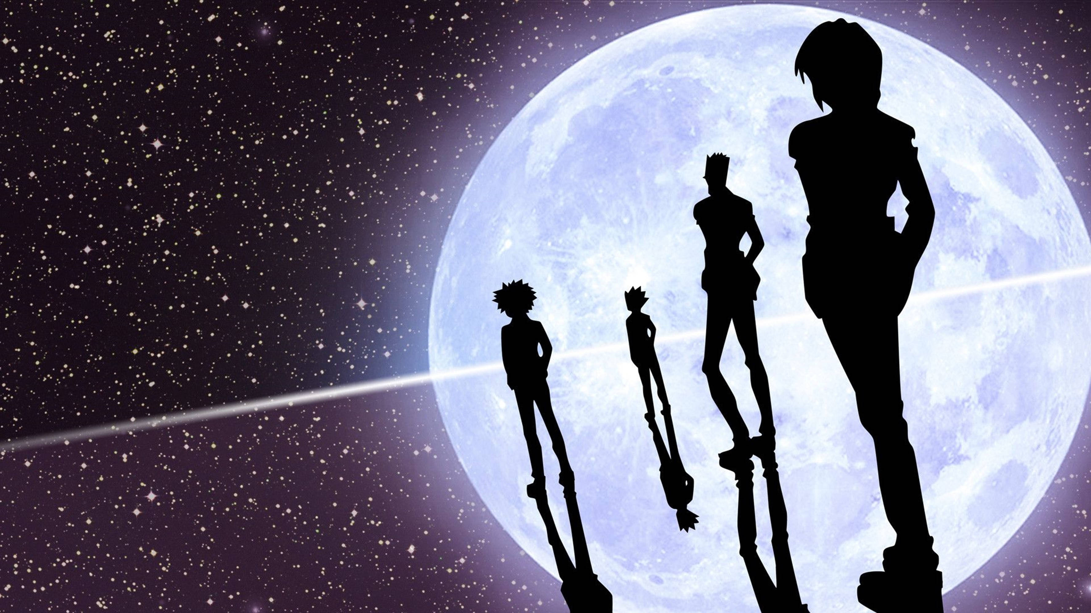 Hunter X Hunter 4K 桌布 壁紙 — 剪影動漫角色站在反射表面上，面前是星夜中一輪巨大的發光月亮。