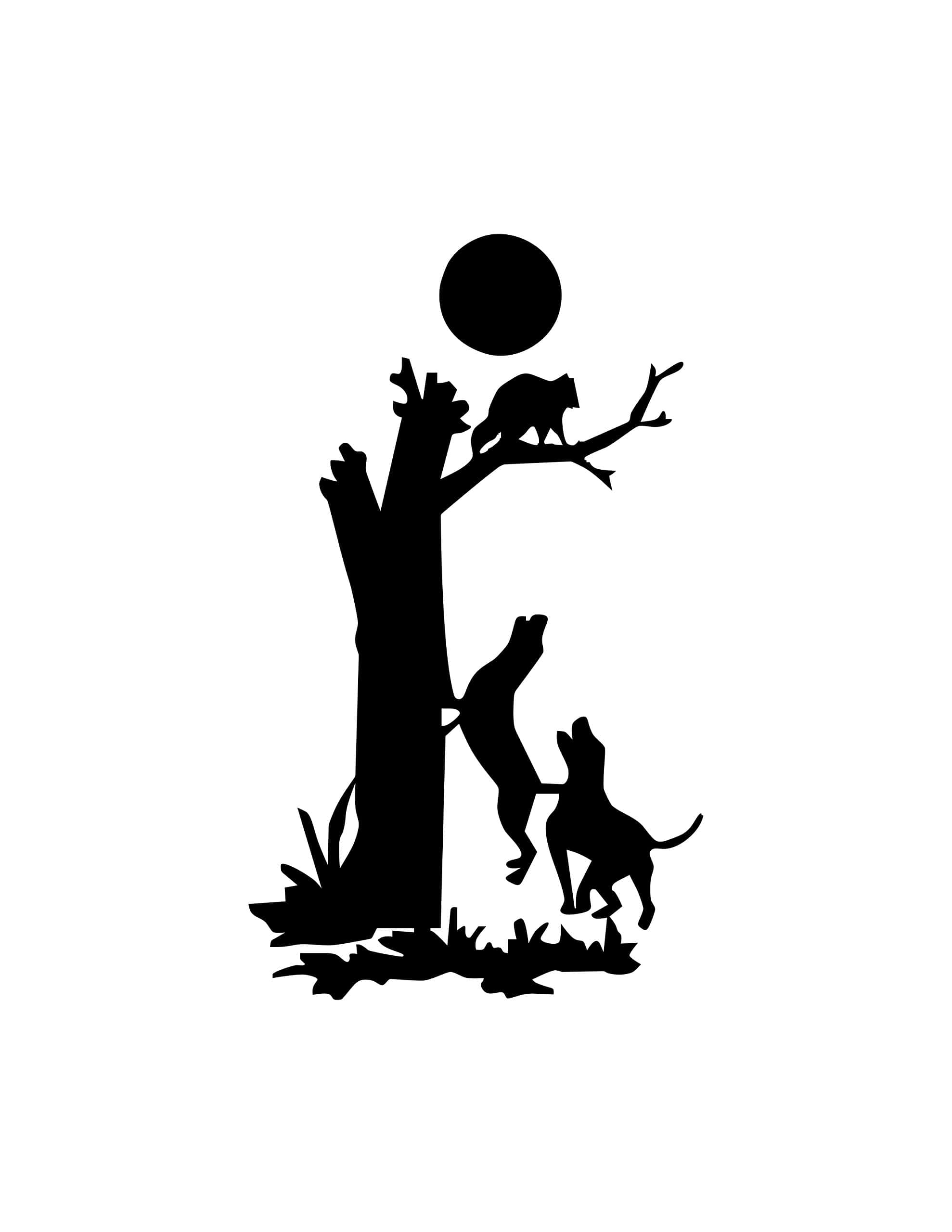 raccoon 桌布 壁紙 — 剪影動物聚集在一棵樹周圍，上方有一輪滿月，呈現鮮明的黑白對比。