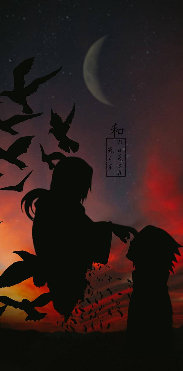 Uchiha 桌布 壁紙 — 剪影動畫人物在熾熱的日落和彎月天空下釋放鳥兒。