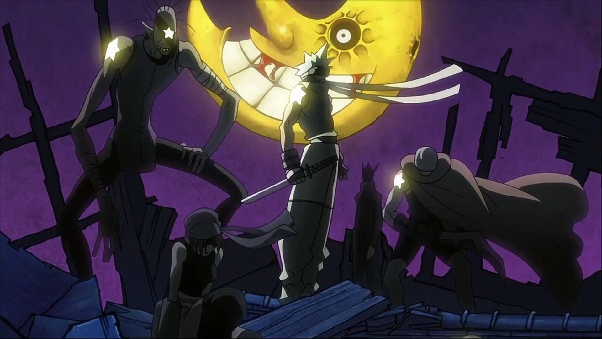 soul eater moon 桌布 壁紙 — 剪影動畫戰士在暗紫色廢墟景觀中，挑釁地站在咧嘴笑的黃色月亮下。