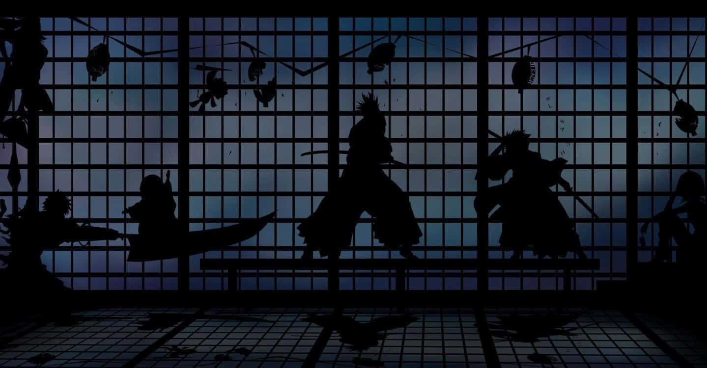 Feudal Japan 桌布 壁紙 — 剪影動畫戰士在網格圖案的房間中擺好姿勢，背景是黃昏的天空。