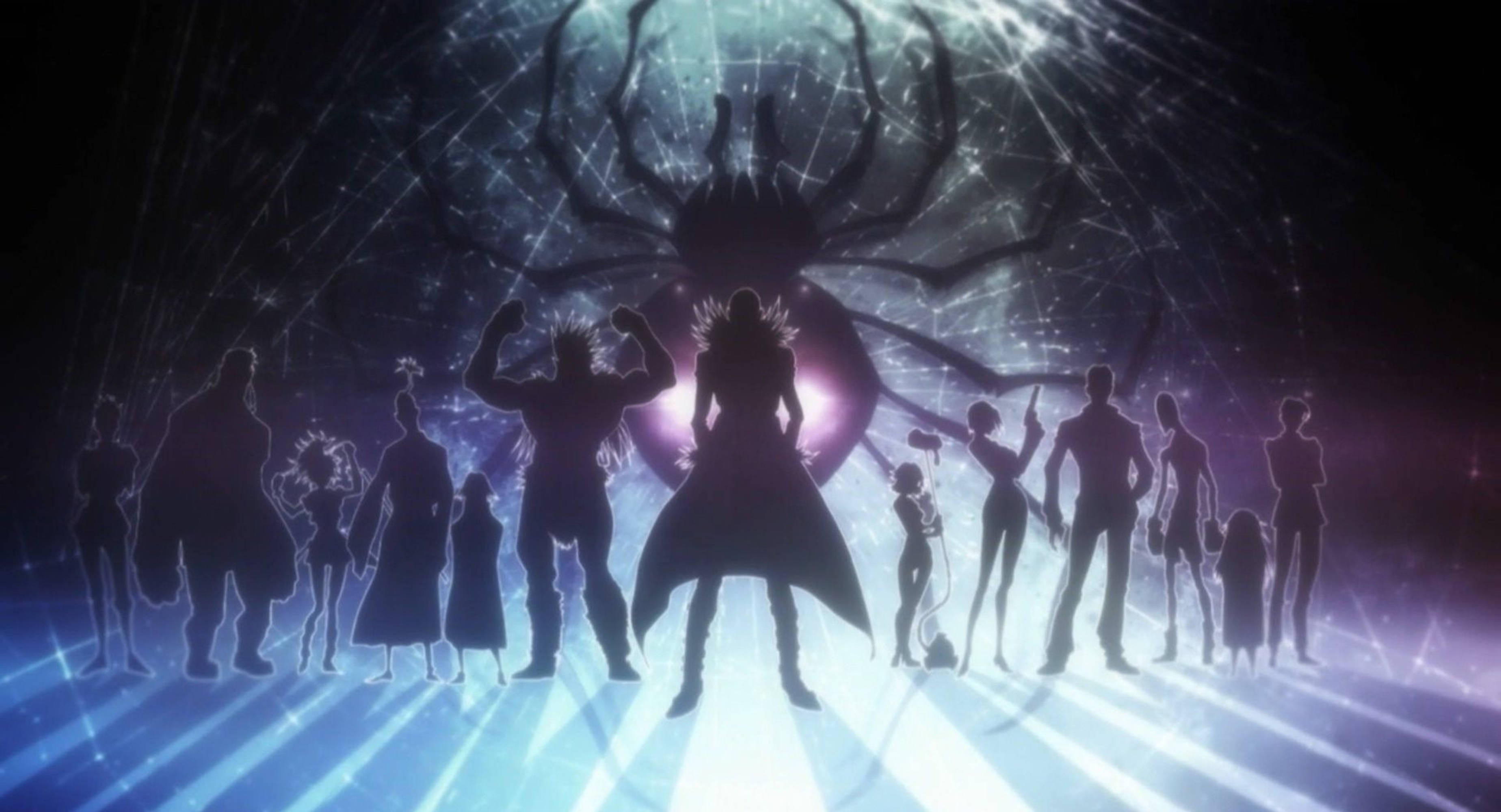 Hunter X Hunter 4K 桌布 壁紙 — 剪影動畫角色挑釁地站在一個巨大的發光蜘蛛前，背景是藍色和紫色光芒的宇宙競技場。