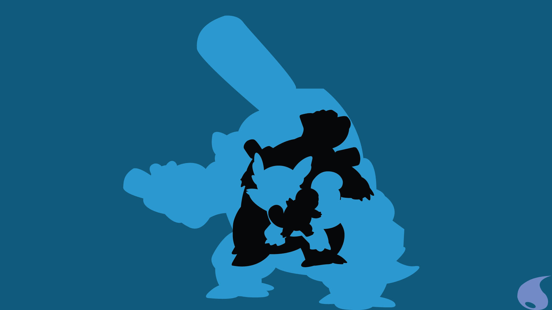 Blastoise 桌布 壁紙 — 剪影卡通角色以動態姿勢呈現，背景為純青色，帶有分層的藍色形狀。