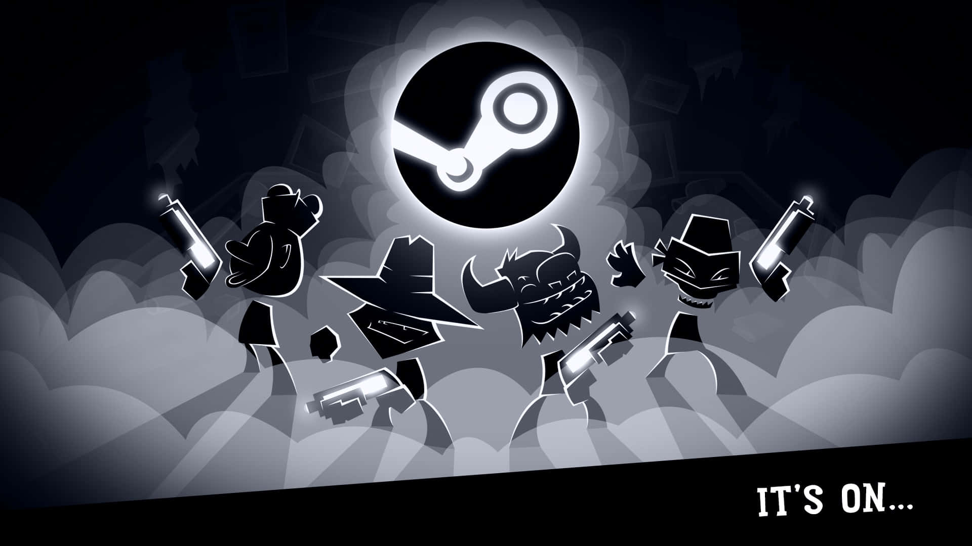 Steam Games 桌布 壁紙 — 剪影卡通角色手持發光武器，站在煙霧瀰漫的黑暗背景前，面對閃耀的Steam標誌。