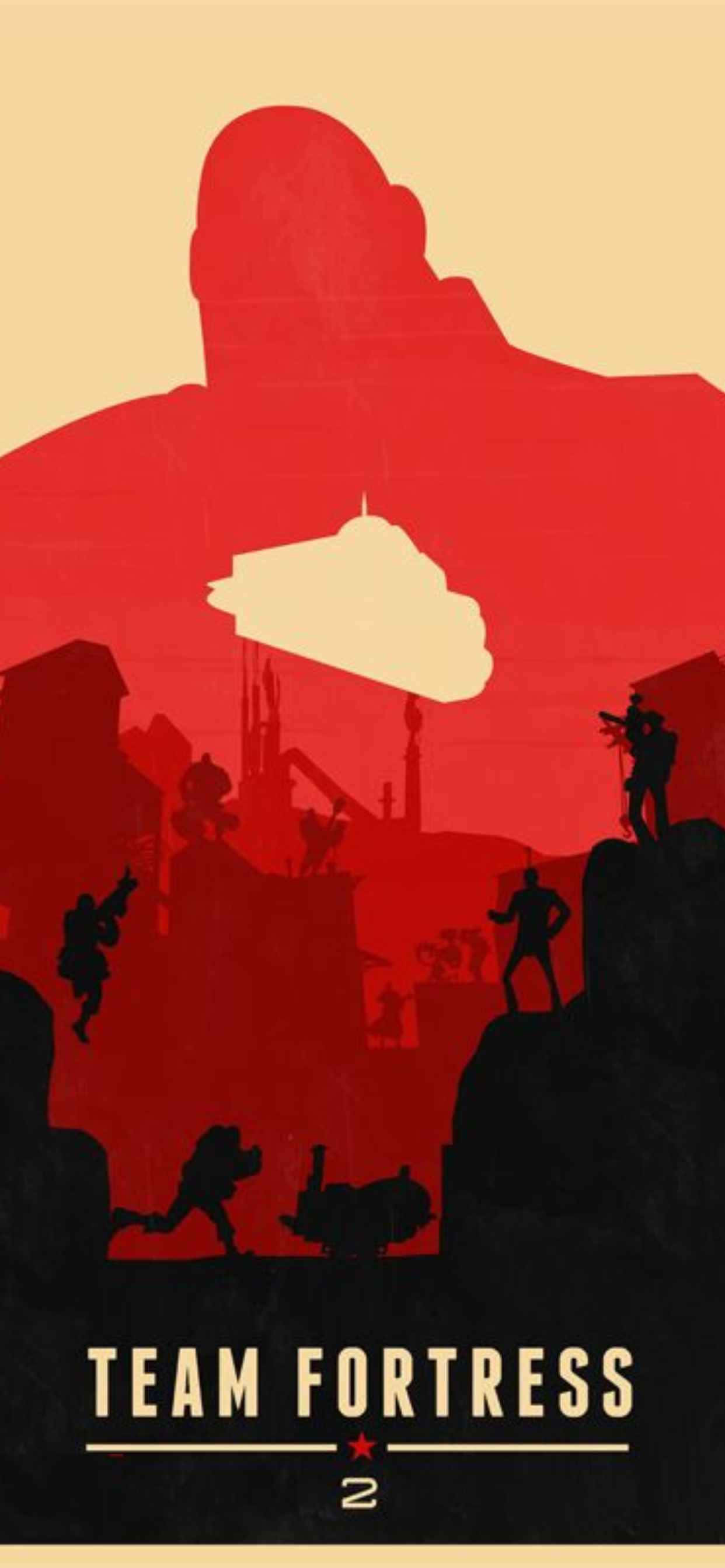 Banner Design 桌布 壁紙 — 剪影士兵在一個巨大的紅色身影下，在溫暖的日落天空背景下戰鬥，這是一張風格化的 Team Fortress 2 海報。