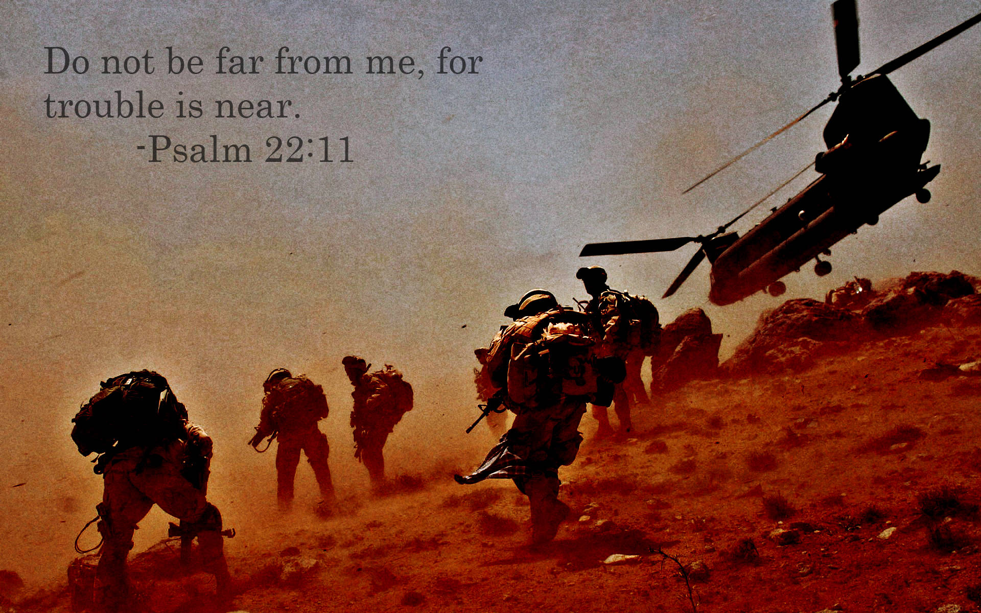 Quote 桌布 壁紙 — 剪影士兵在塵土飛揚的沙漠中行進，一架直升機在頭頂盤旋，投下長長的影子。