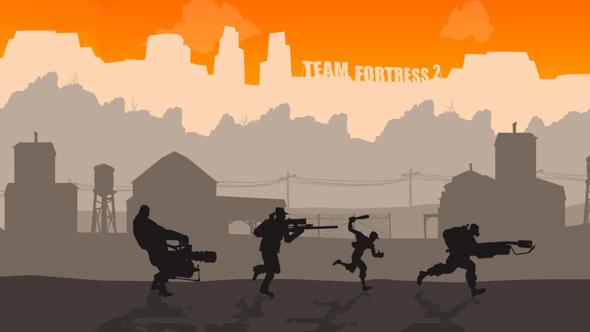 1920x1080 Tf2 桌布 壁紙 — 剪影士兵在橙色天空下的荒涼戰場上前進，上方有「TEAM FORTRESS 2」文字。