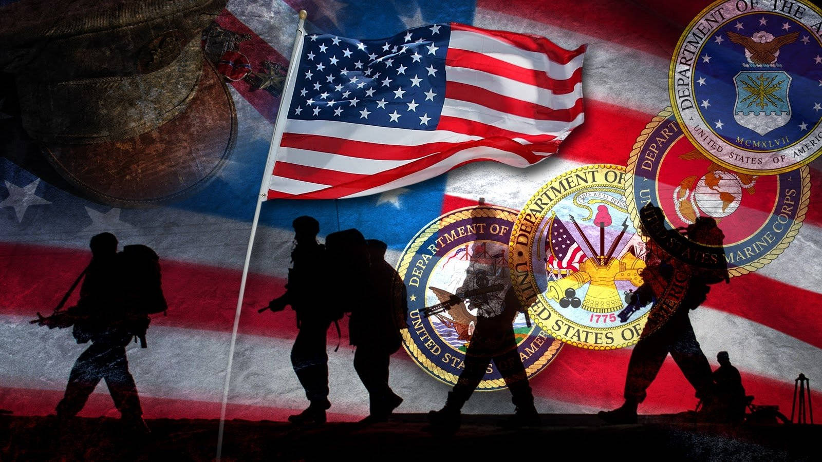 Veterans 桌布 壁紙 — 剪影士兵在美國國旗和軍事徽章的背景下，以鮮明的紅、白、藍色向前行進。