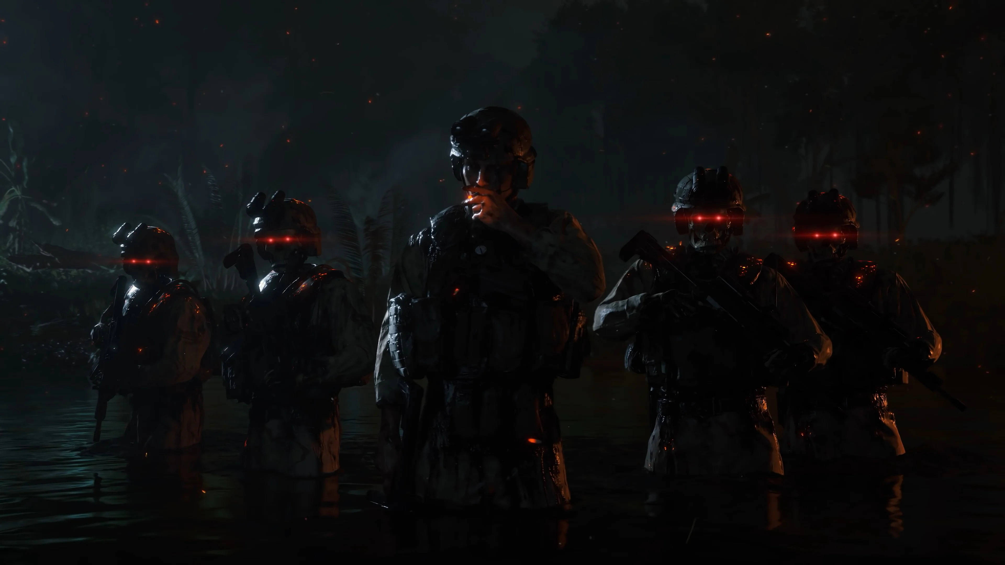 死亡擱淺 4K 桌布 壁紙 — 剪影士兵戴著發光紅色護目鏡，在星空下的黑暗水中涉水而行。