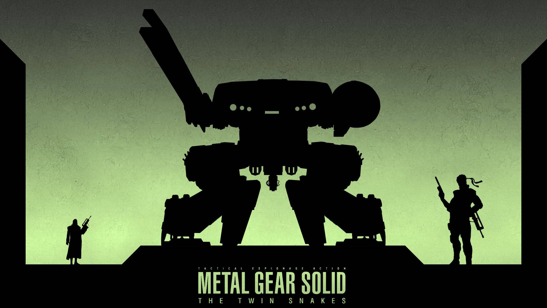 metal 桌布 壁紙 — 剪影士兵站在巨型機甲前，背景是發光的綠色，風格化的電子遊戲海報。