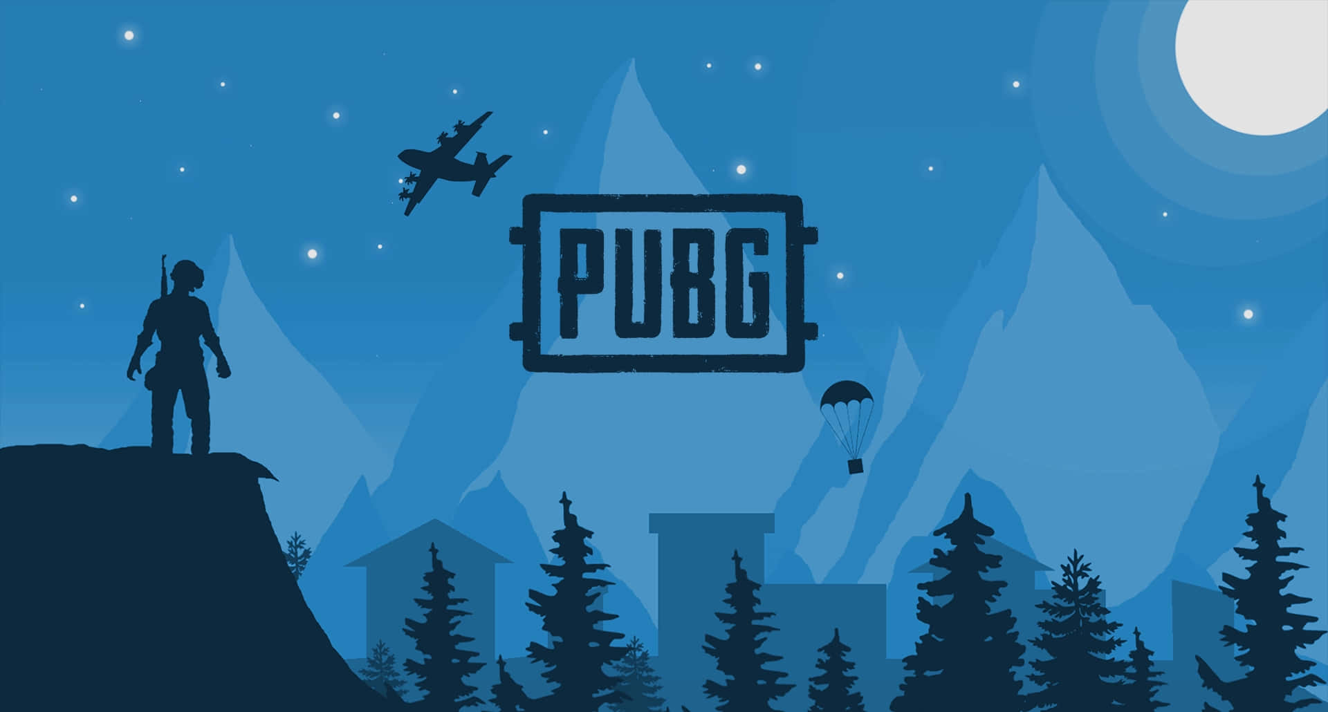 Pubg Logo 桌布 壁紙 — 剪影士兵站在懸崖頂上，觀看飛機和降落傘降落在繁星點點的藍色夜空下，帶有PUBG標誌。
