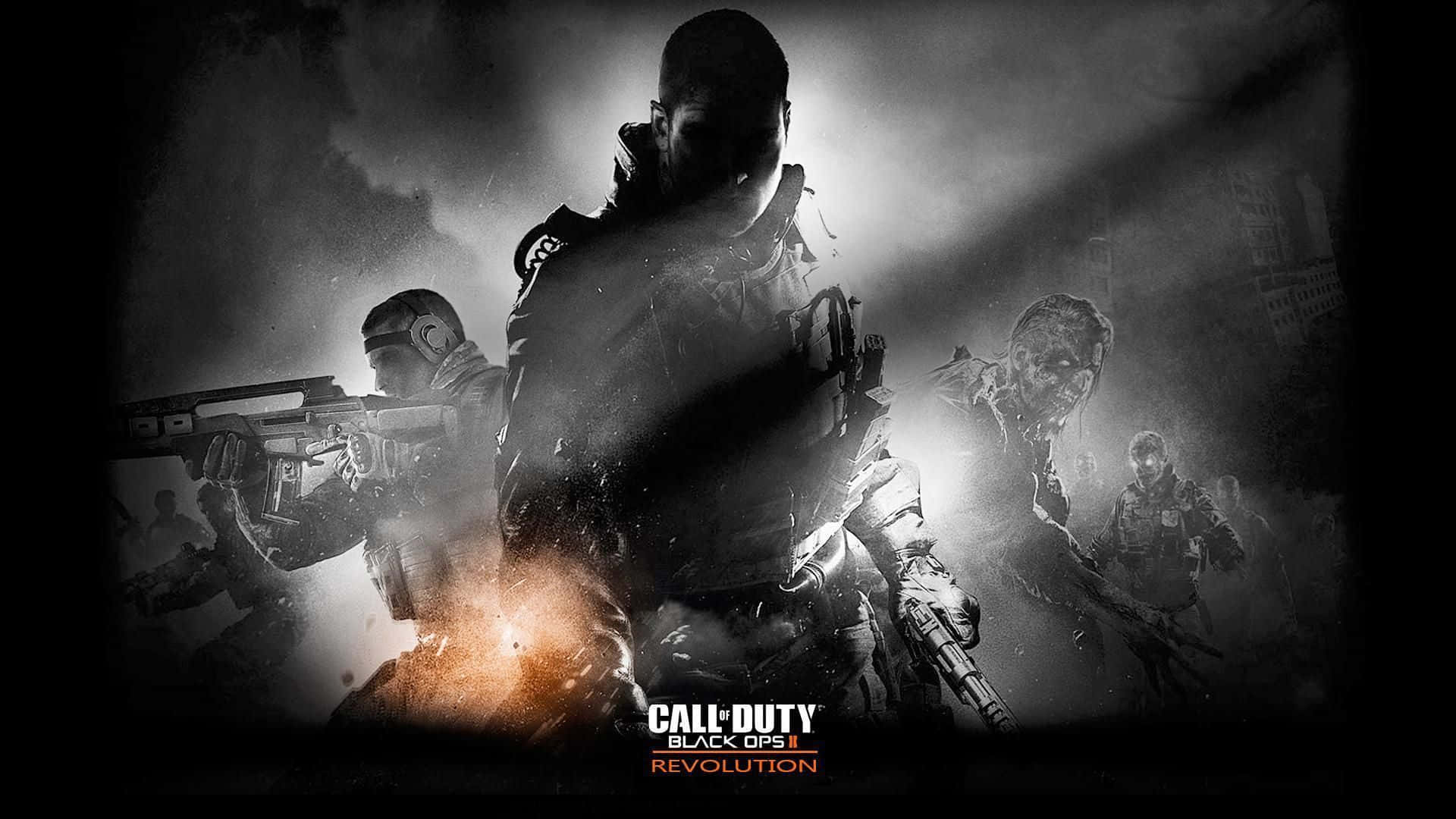 Best Call Of Duty Black Ops 4 桌布 壁紙 — 剪影士兵身穿戰術裝備，在煙霧和火焰中前進，呈現 gritty 黑白戰場場景。