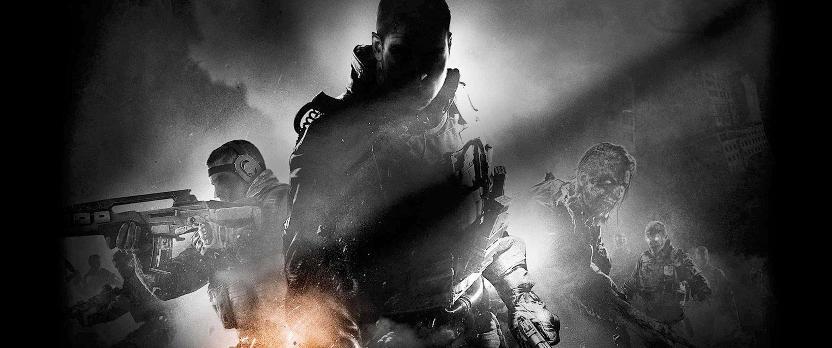 3440x1440p Call Of Duty Black Ops 4 桌布 壁紙 — 剪影士兵身穿戰術裝備，在煙霧和火焰中前進，身處惡劣的戰區。