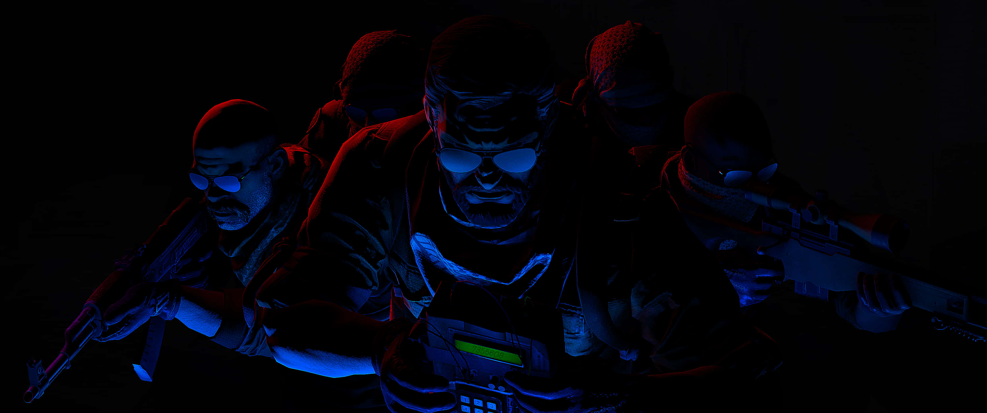 3440x1440p Counter-strike Global Offensive 桌布 壁紙 — 剪影士兵身穿戰術裝備，在藍光中閃耀，於黑暗高風險的戰鬥場景中前進。