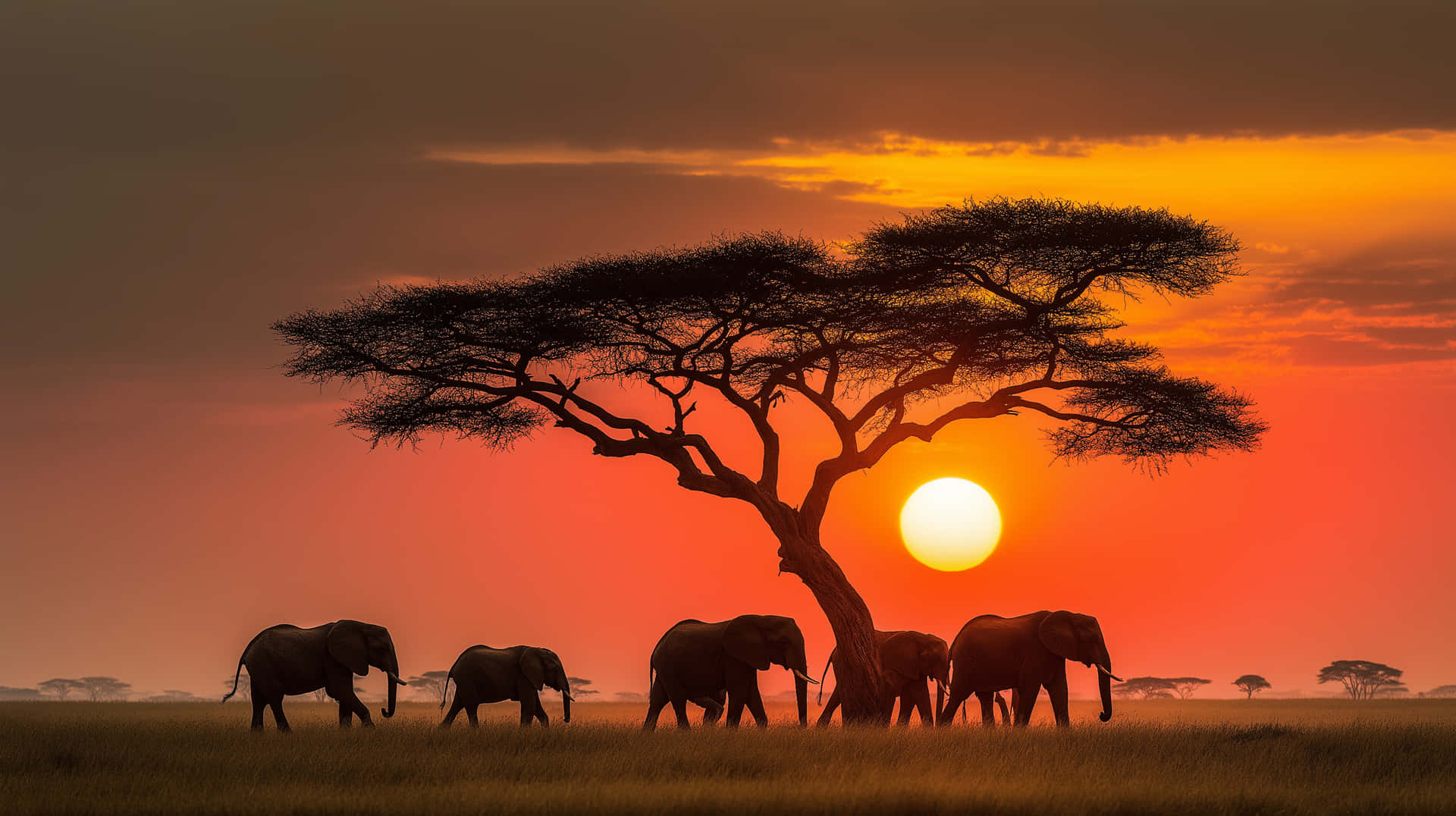 Breathtaking African Savannah Sunset with Elephant Family Silhouettes 壁紙 — 剪影大象在廣闊的金合歡樹下行走，夕陽以火熱的橙色和紅色色調橫跨大草原落下。