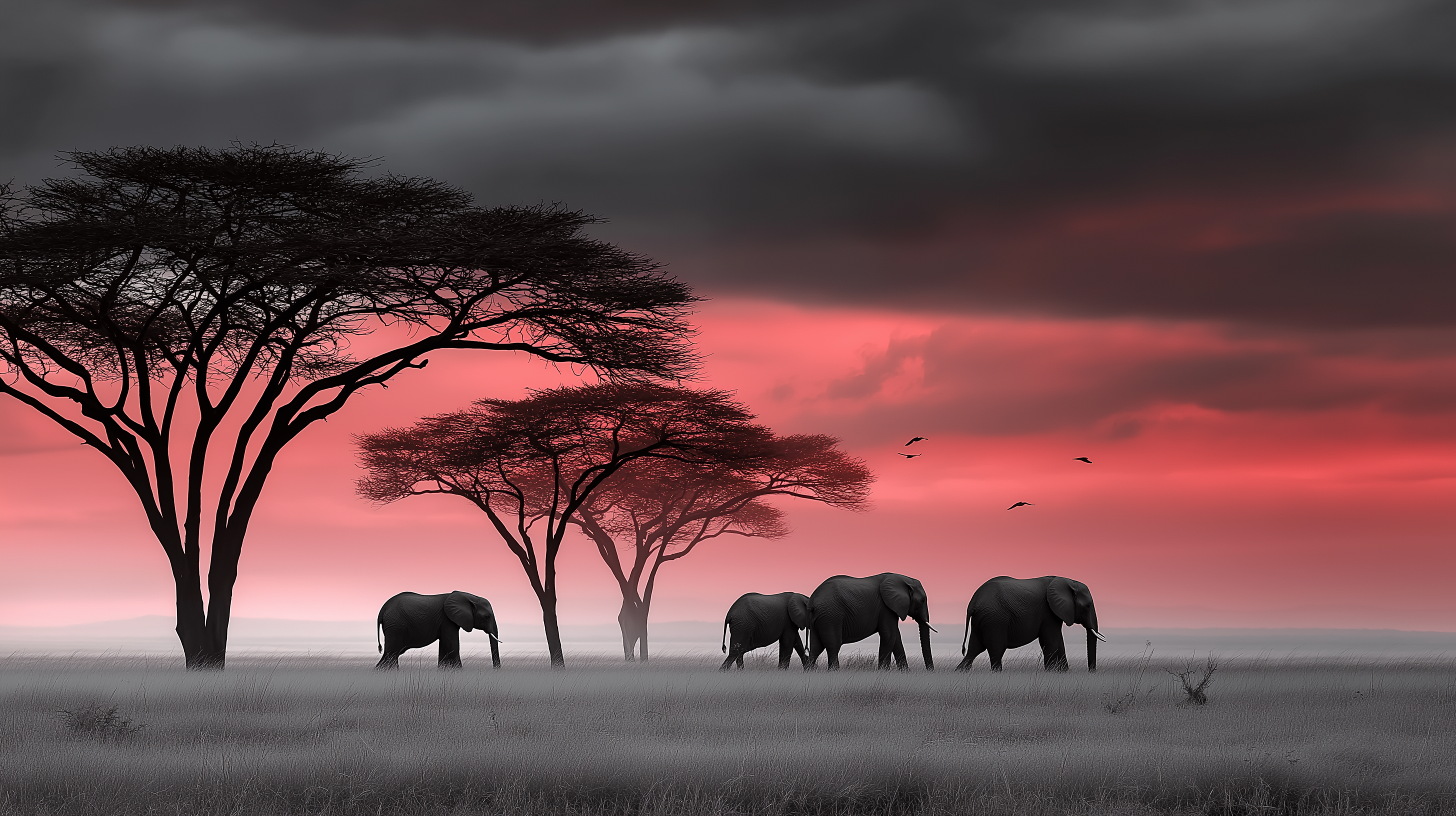 elephants 桌布 壁紙 — 剪影大象在霧氣瀰漫的稀樹草原上行走，背景是戲劇性的紅灰色日落天空，還有金合歡樹。