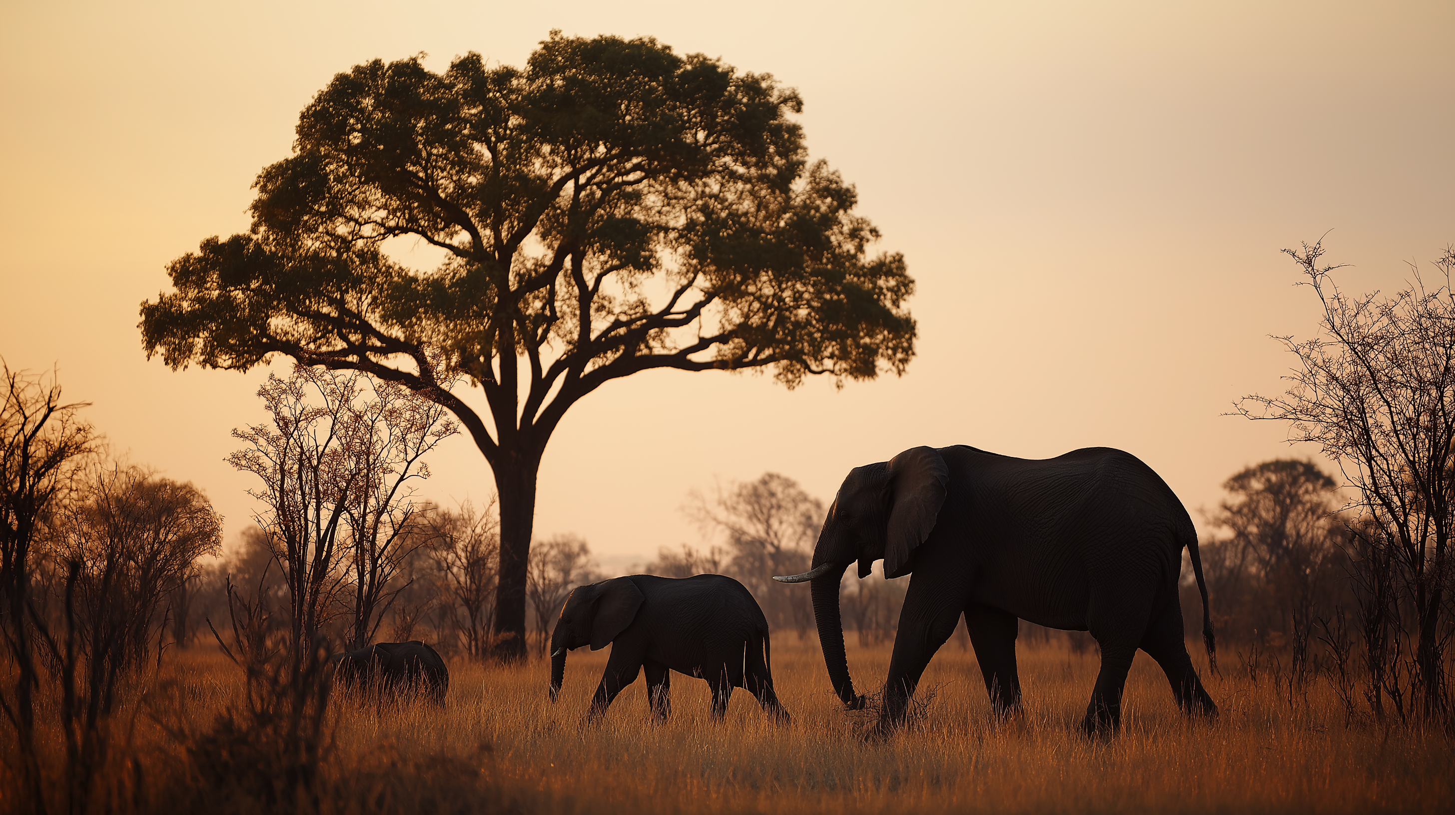elephants 桌布 壁紙 — 剪影大象穿過金色草地，在廣闊的日落天空下，一棵孤樹高高聳立。