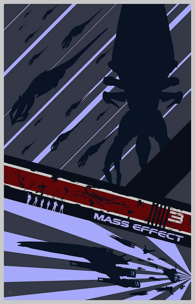 Mass Effect Trilogy 桌布 壁紙 — 剪影太空船和外星生物在紫色和灰色條紋的宇宙戰場上劃過，配以鮮明的紅色橫幅。