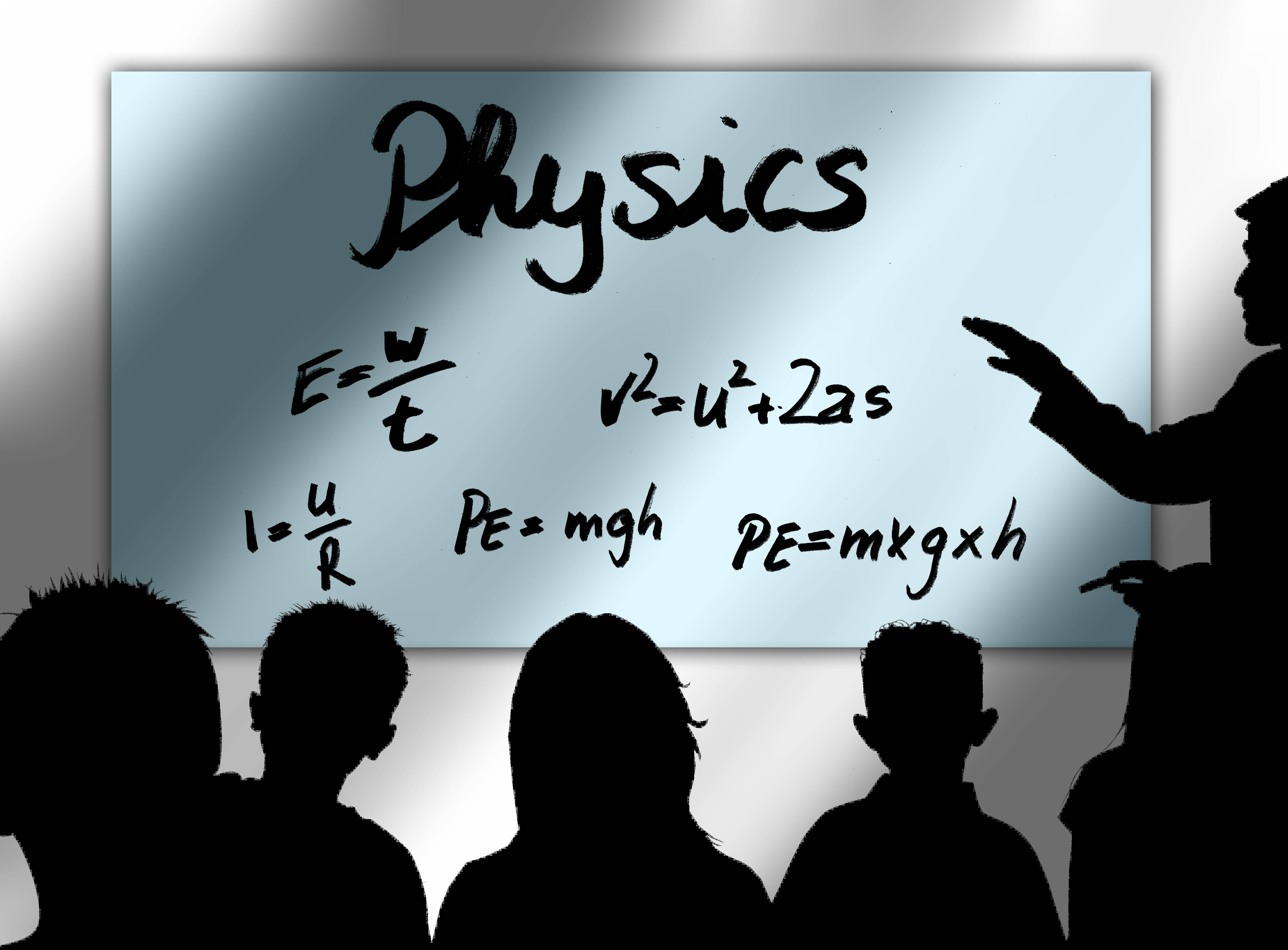 Physics 桌布 壁紙 — 剪影學生看著老師指向發光白板上的物理方程式。