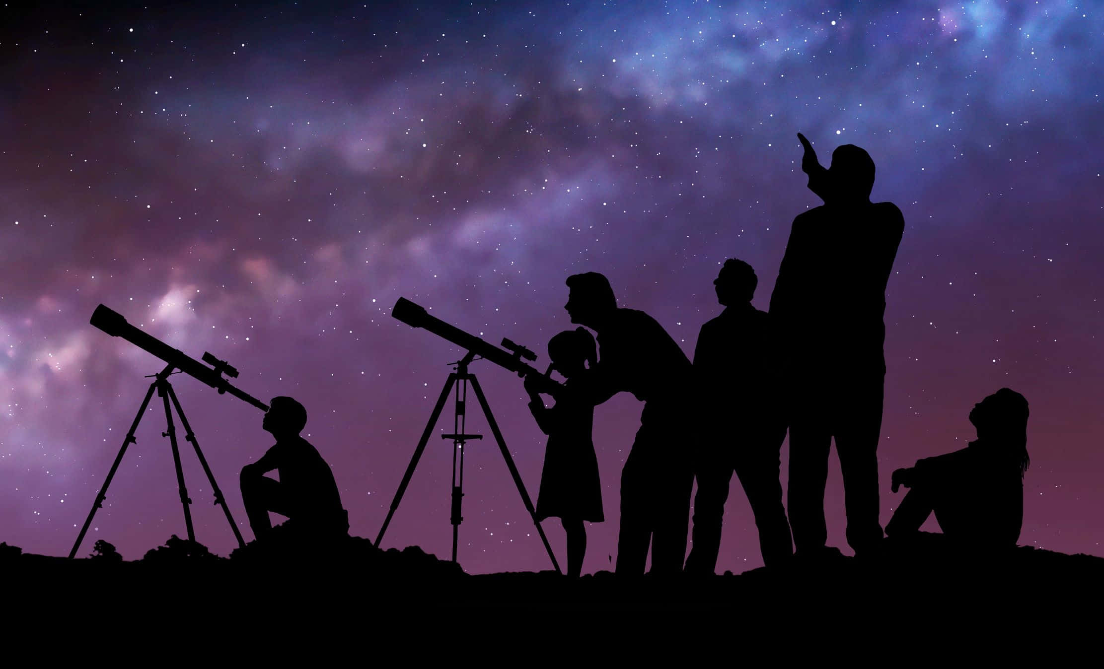 Stars 桌布 壁紙 — 剪影家庭用望遠鏡觀星，背景是充滿活力的紫色和藍色星空夜空。
