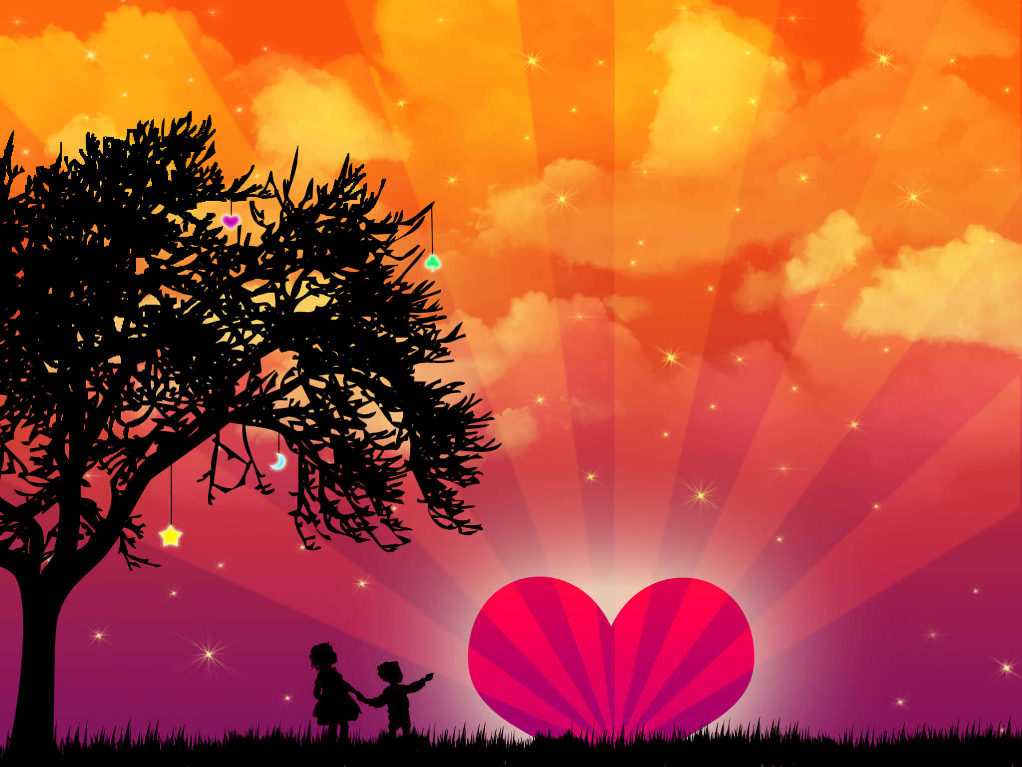 Cute Love 桌布 壁紙 — 剪影小孩在樹下牽手，一顆巨大的心形在燦爛的日落天空下發光。