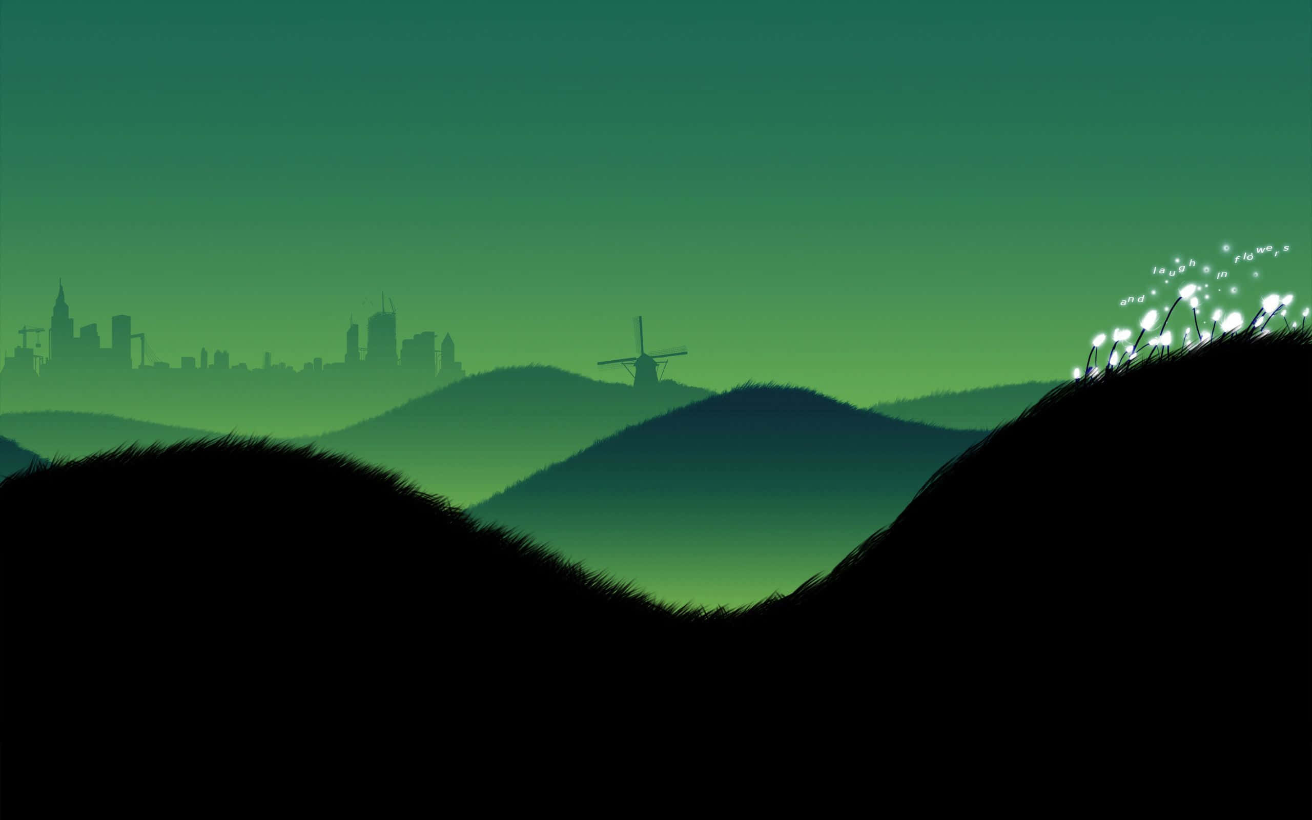 風景 桌布 壁紙 — 剪影山丘、風車和城市天際線在漸變綠色天空下閃耀，伴隨著發光的蒲公英。