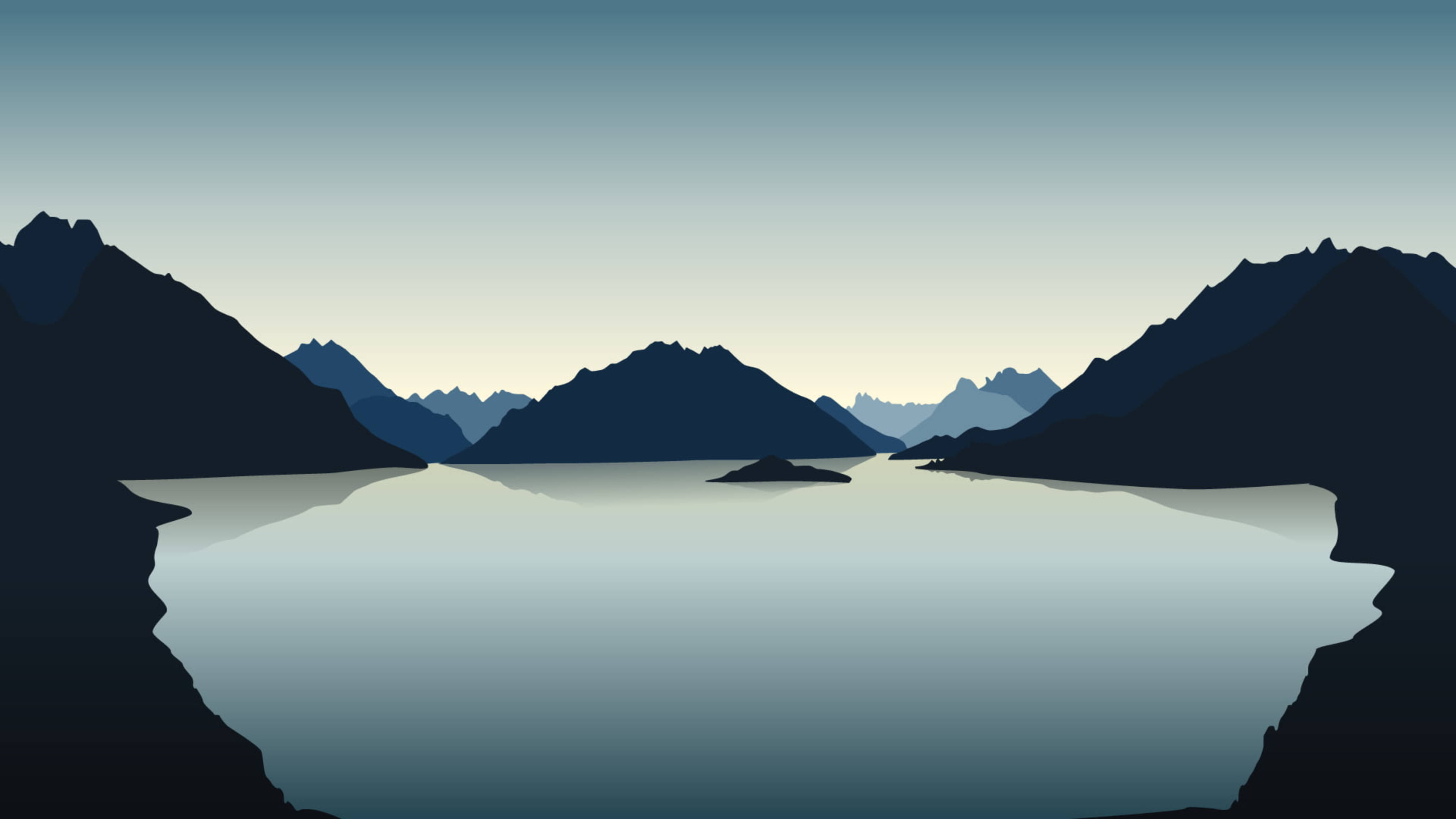 vector 桌布 壁紙 — 剪影山脈在漸變暮色天空下倒映在平靜的水面上。