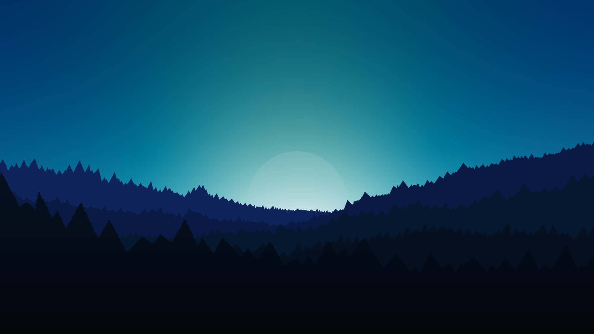 Night Forest 桌布 壁紙 — 剪影山脊框住一輪發光的月亮在寧靜的暮色天空中升起，呈現冷藍色調。