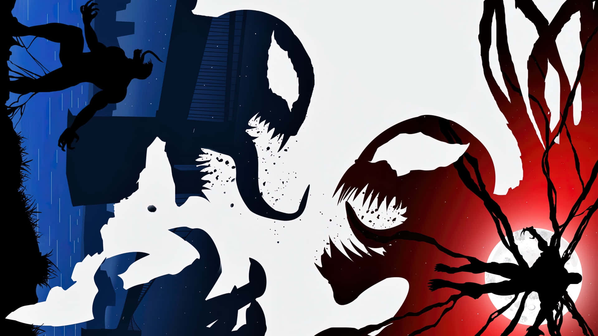 Carnage Vs Venom 桌布 壁紙 — 剪影形式的毒魔角色在鮮明的藍色和紅色背景下碰撞，伴隨著滴落的雨水和鋸齒狀的陰影。