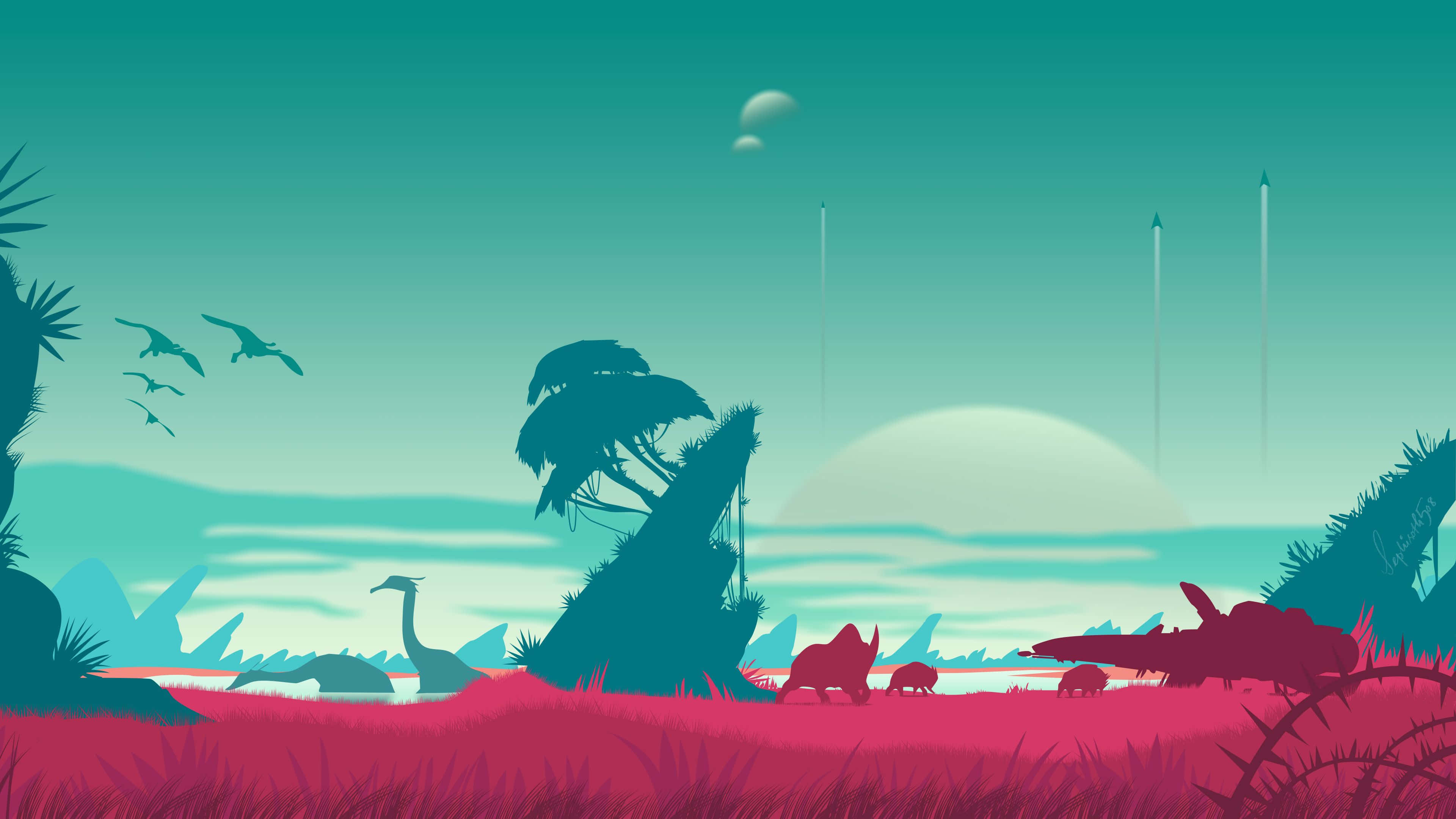 vector 桌布 壁紙 — 剪影恐龍在充滿活力的粉紅色草原上漫步，天空是藍綠色，有漂浮的球體和遠處的尖塔。