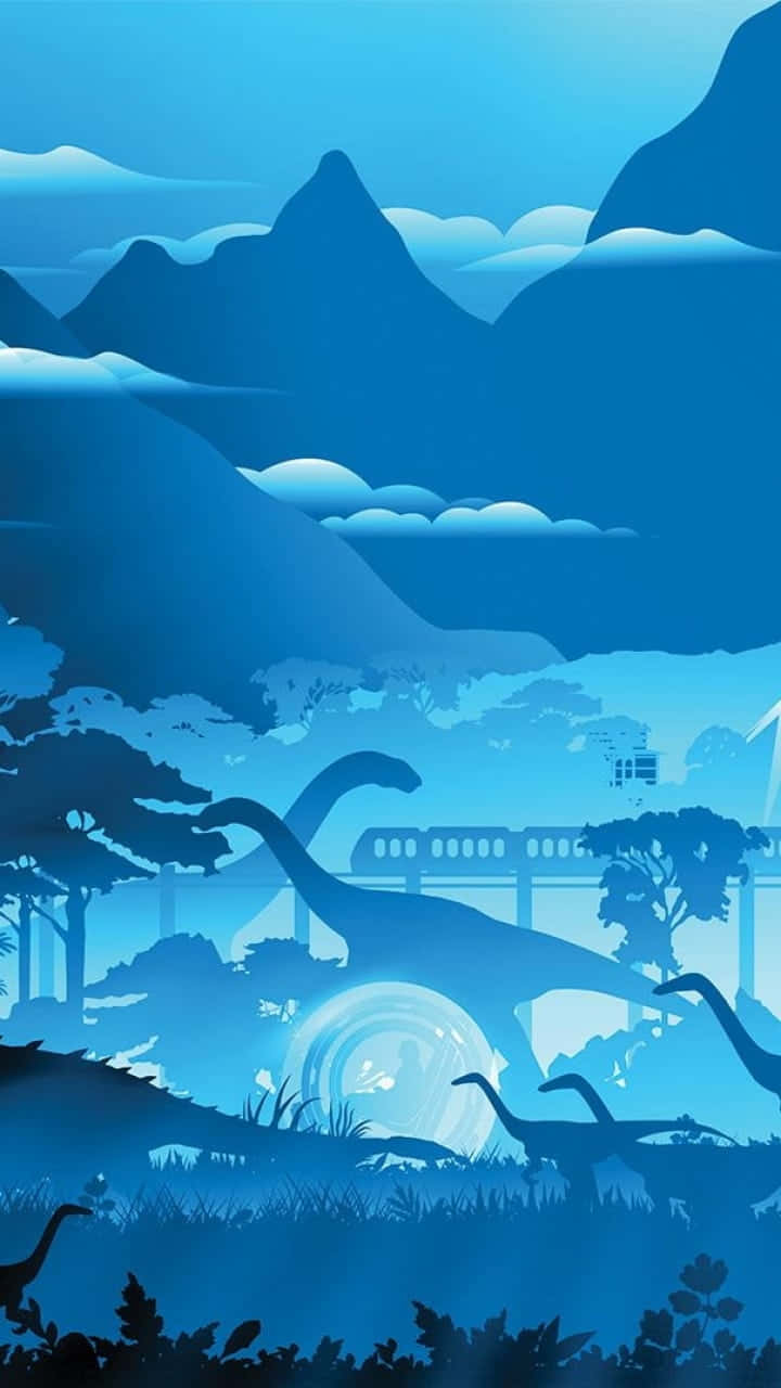 藍色 桌布 壁紙 — 剪影恐龍在鋸齒狀山脈下的迷霧藍色山谷中漫遊，一列火車在橋上滑行。