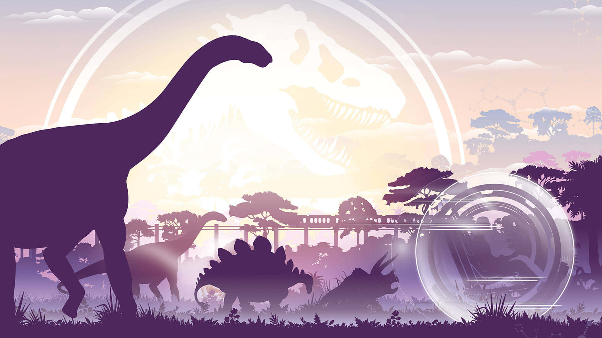 Jurassic World 桌布 壁紙 — 剪影恐龍在閃爍的夕陽下，在一個有未來感透明圓頂和天空中巨大恐龍頭骨的史前景觀中漫遊。